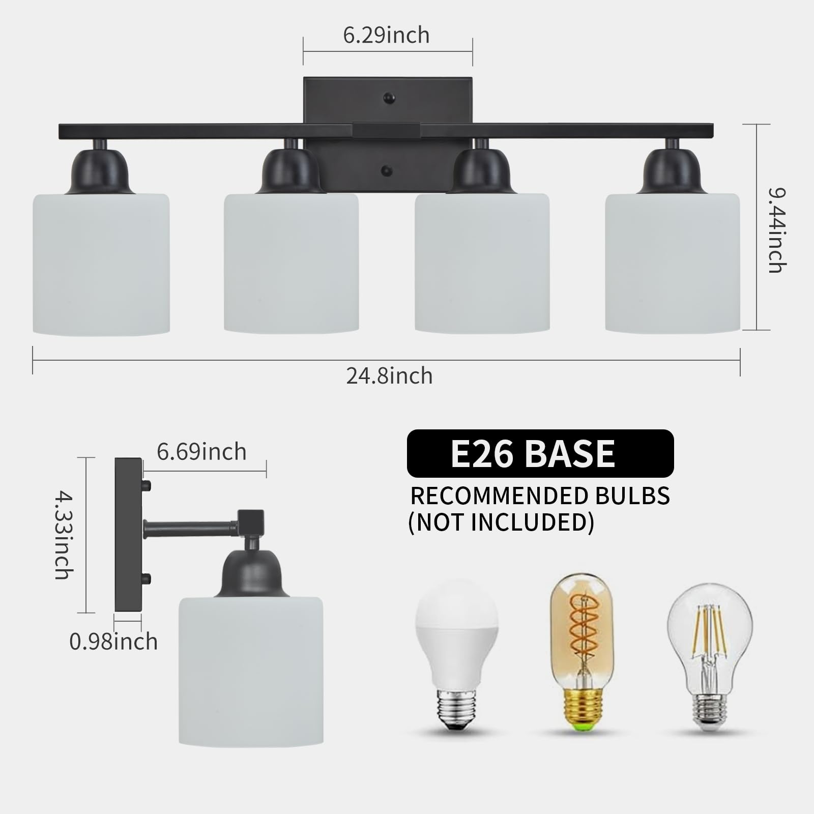 FAISHILAN 4-Light Black Bathroom Vanity Light Fixture, Frosted Glass Shades, E26 Base, Modern Design for Bathroom, Bedroom, Living Room