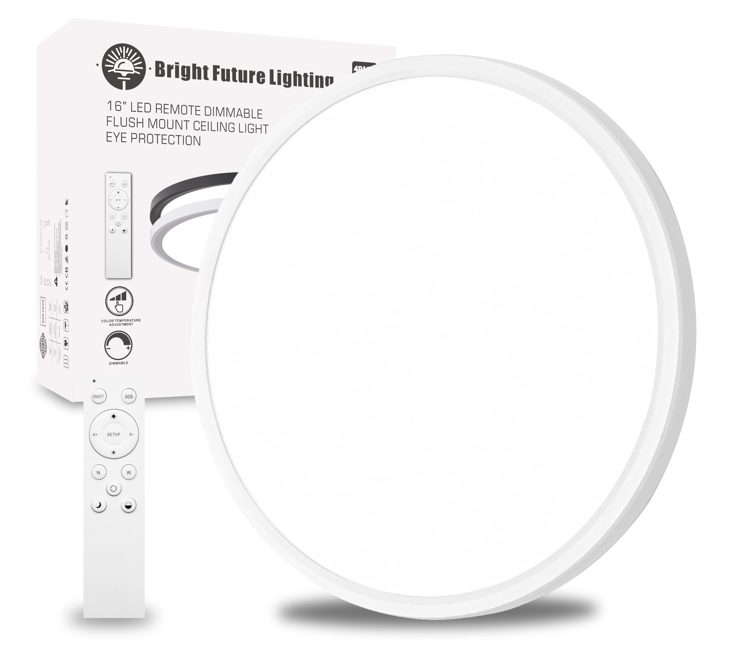 Bright Future Lighting 20-Inch LED Flush Mount Ceiling Light, Remote Control, Dimmable, 40W, 4350LM, Adjustable 2700K-6000K, White