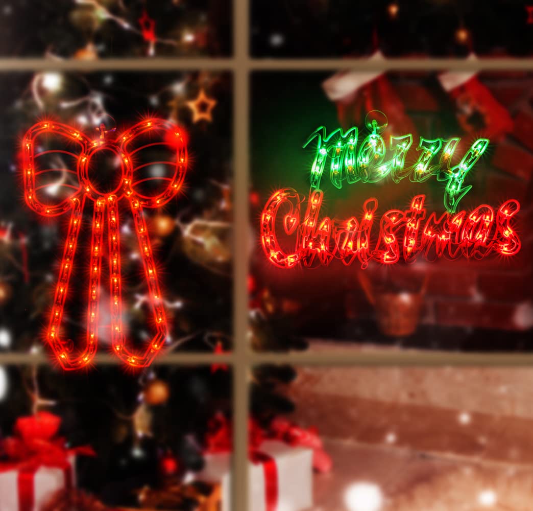 Justpro 2 Pack Christmas Window Silhouette Lights Decorations, Lighted Merry Christmas Sign And Bow Christmas Window Lights For Holiday Indoor Wall Door Glass Decorations