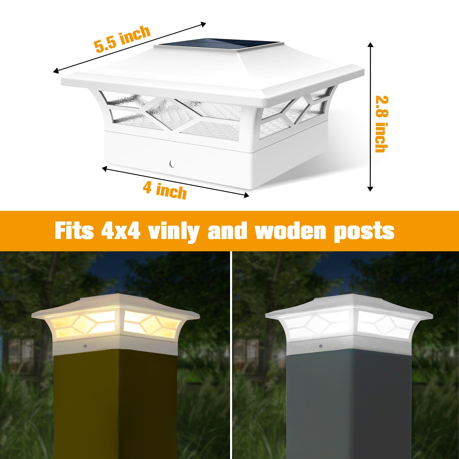 JOFIOS Solar Fence Post Lights, 4x4 Waterproof Plastic Deck Lights, Warm White/Cool White, 4-Pack, White