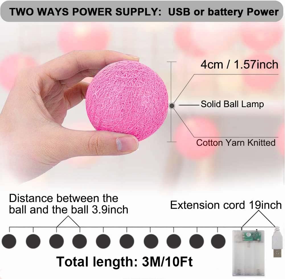XIYUNTE Cotton Ball String Lights, 3M/10FT 20 LED Cotton Ball Lights, USB or Battery Powered 4CM Cotton Ball Fairy Lights for Be