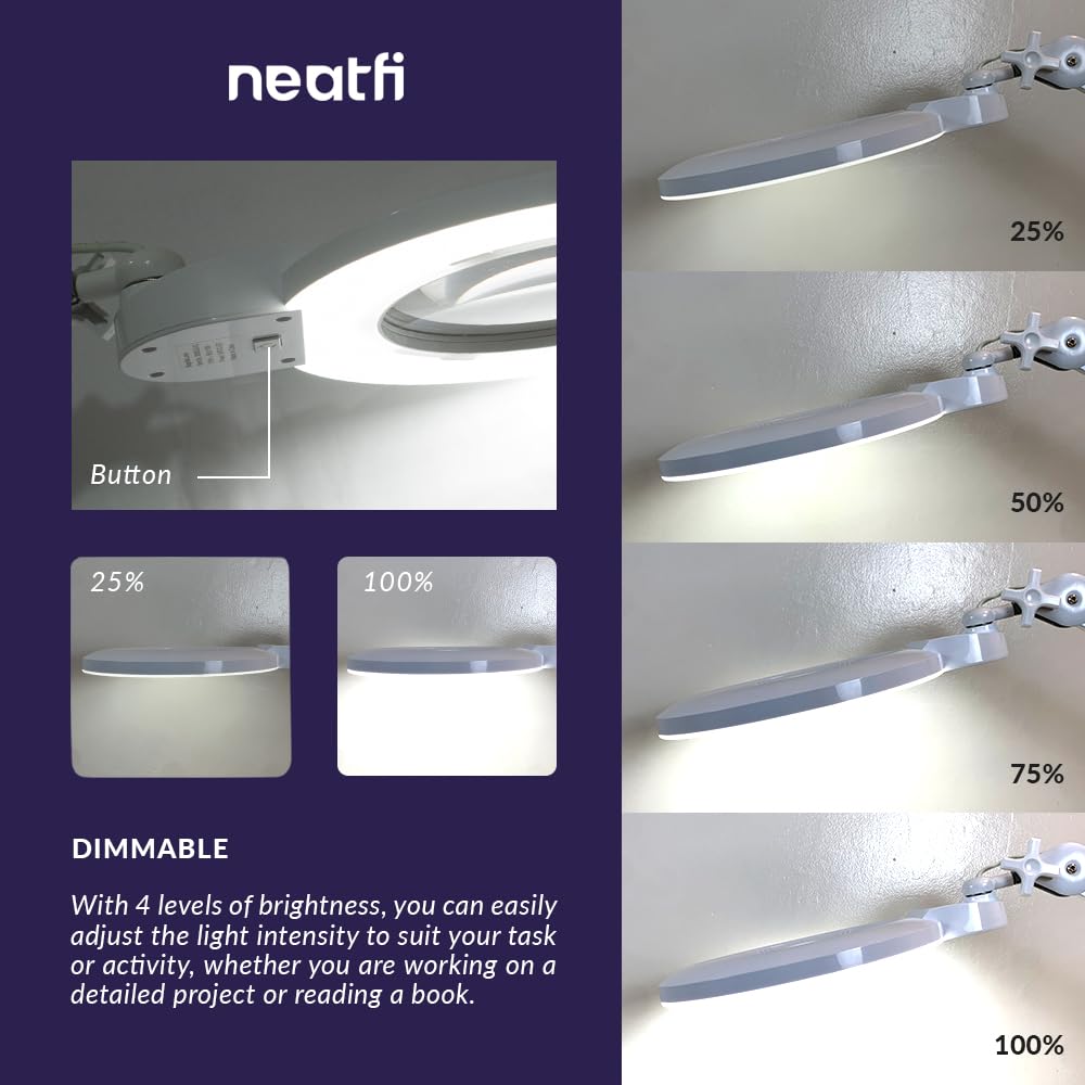 Neatfi Xl Bifocal Led Magnifying Lamp, 7-Inch Lens, 5D/20D Magnification, Hands-Free, Dimmable, 84 Smd Led, Adjustable Arm For C