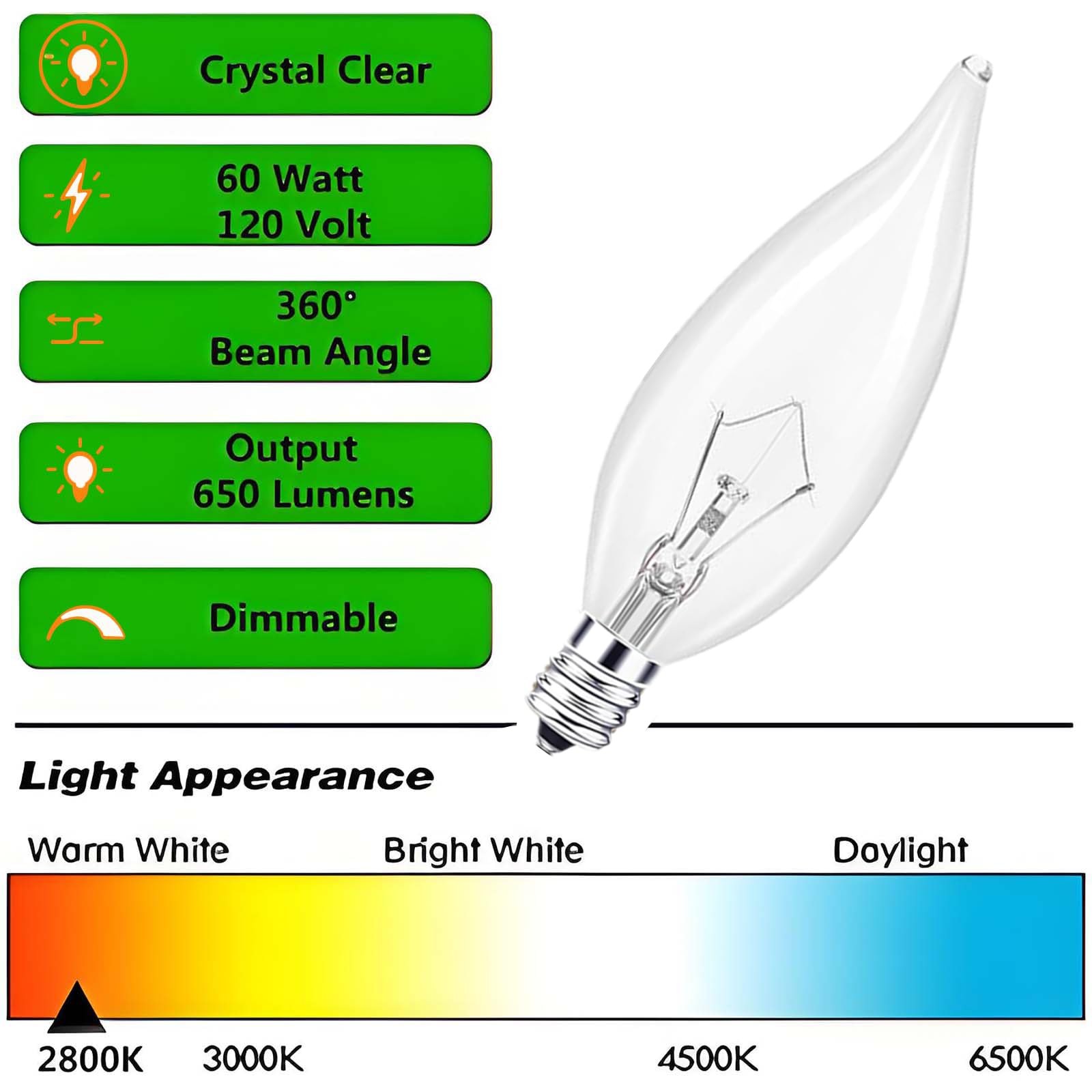 BUBYVV E12 Candle Light Bulbs, 60W Candelabra, 2700K Warm White, Dimmable, 600 Lumen, Glass, Transparent, 8 Pack