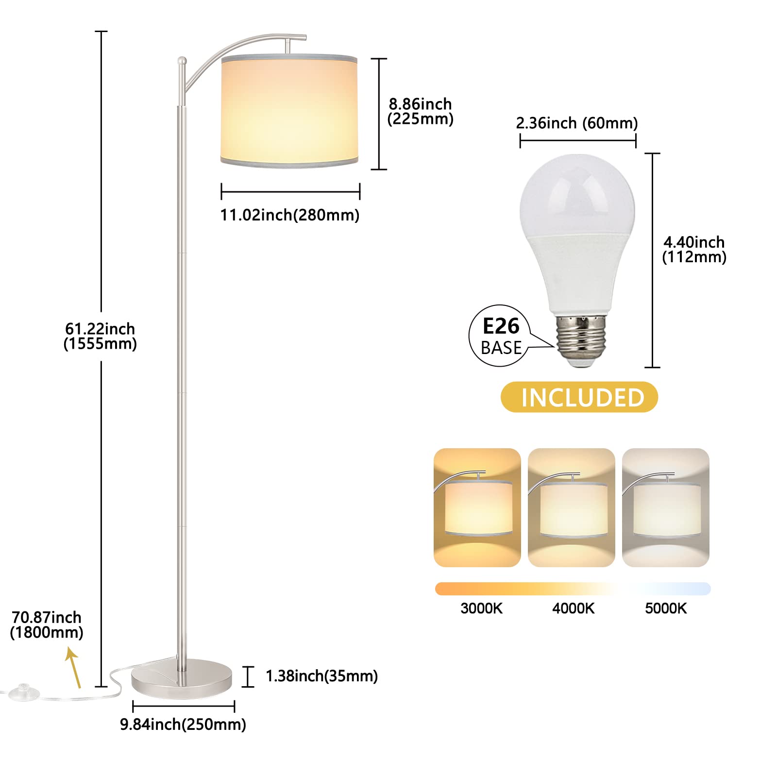 ROTTOGOON Floor Lamp, 3 Color Temperatures LED Bulb, Metal, Silver, Model: floorlamp0123