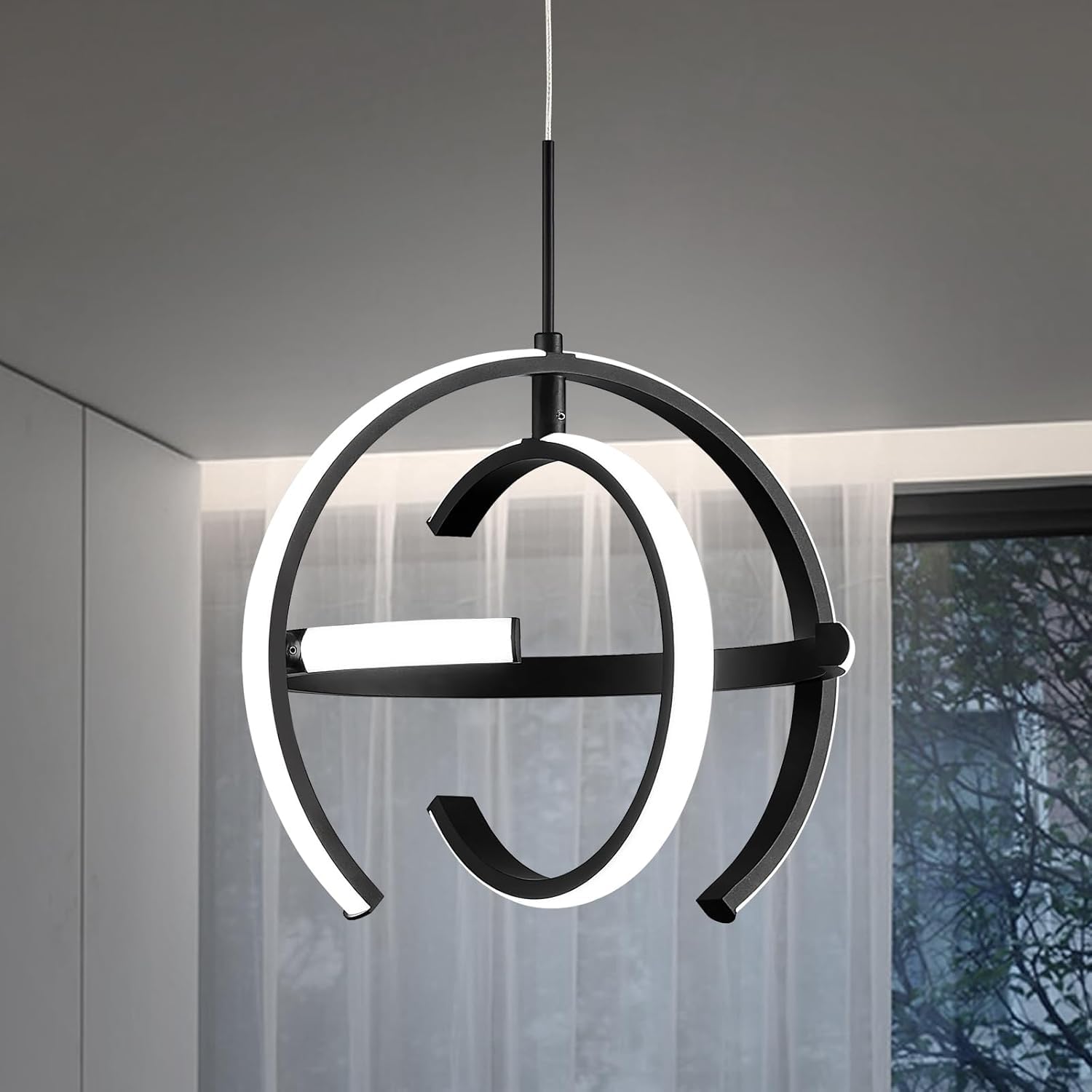 VIOLOEMI LED Chandelier, Modern Black Pendant Light Fixtures, Contemporary Globe Ring Round Ceiling Hanging Lighting for Dining 