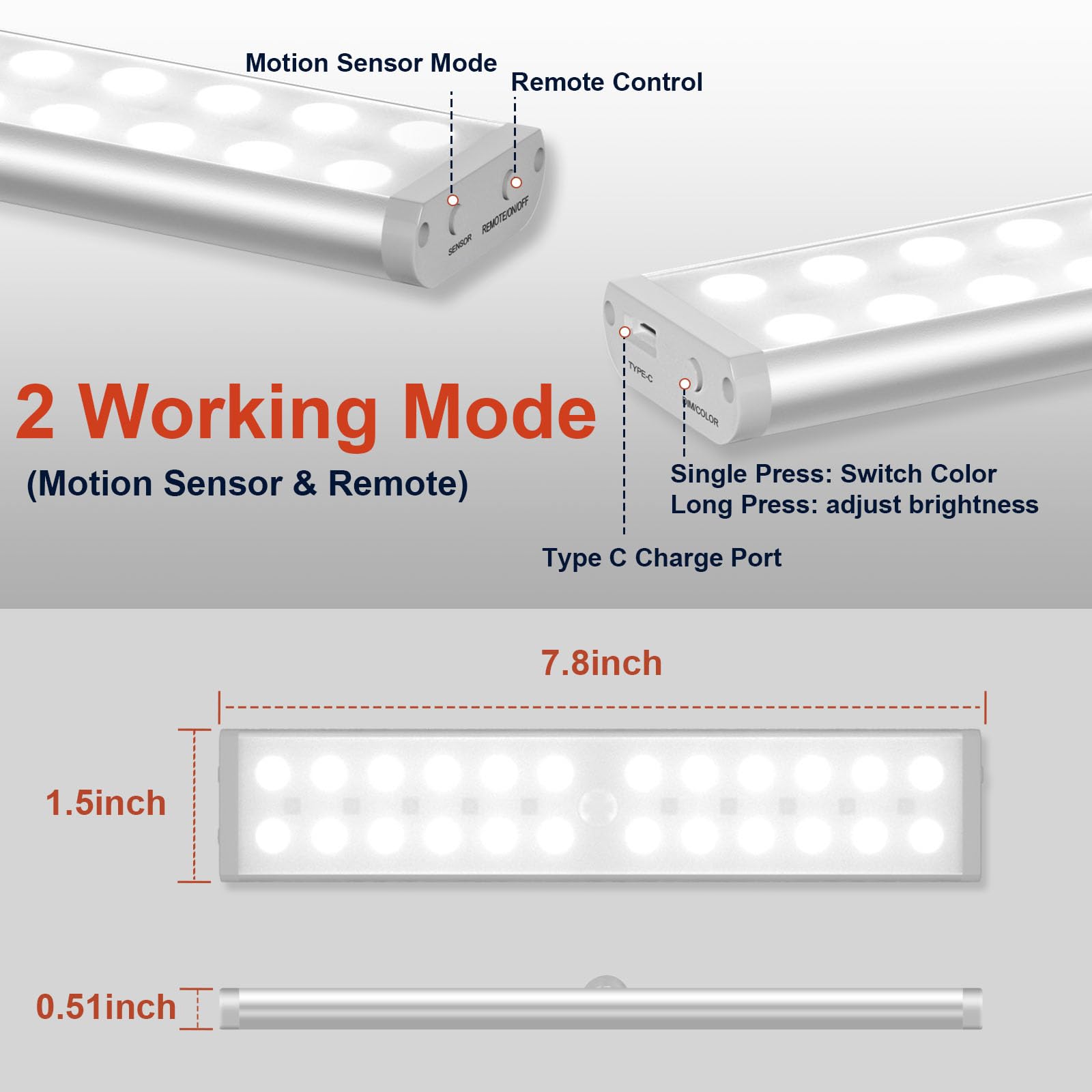 Diomart 58 LED Rechargeable Under Cabinet Motion Sensor Lights - Wireless Indoor Night Lights with Remote Control, Multicolor (6 Pcs)
