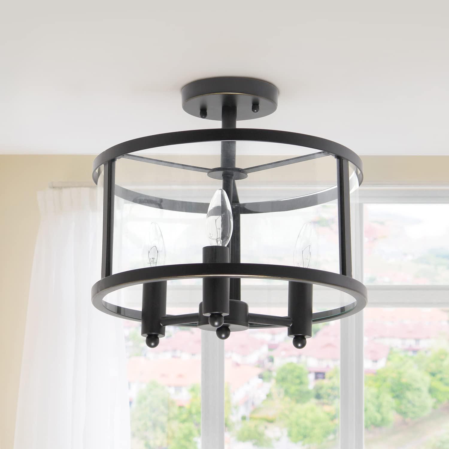 Elegant Designs FM1005-BLK Medium 13 Iron and Glass Shade Traditional Farmhouse Industrial 3-Light Ceiling Mounted Round Semi-fl