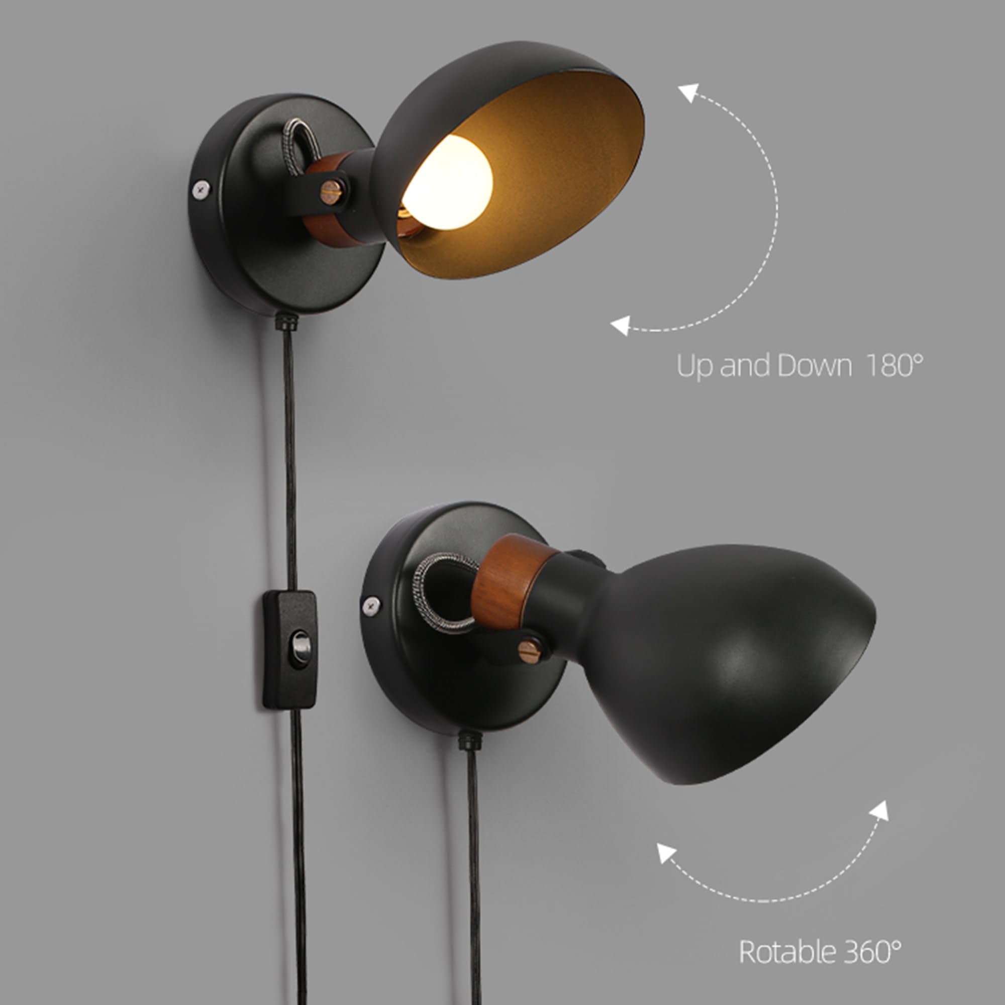 Aisilan Plug Wall Sconce Black Bedroom Wall Sconces Modern Adjustable Wall Lamp with E12 Bulb Wooden Indoor Wall Lighting for Be