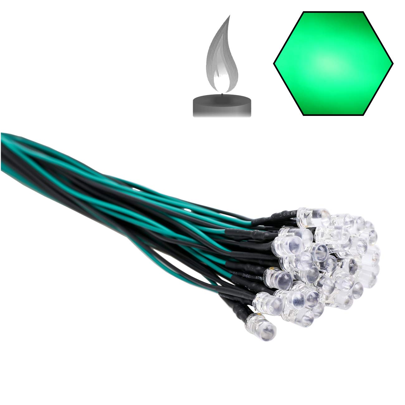EDGELEC 30pcs 12 Volt 5mm Green Flicker LED Lights Emitting Diodes (Candle Flickering Lights) Pre Wired 7.9 inch DC 12v LED Light Clear Lens Small LED Lamps
