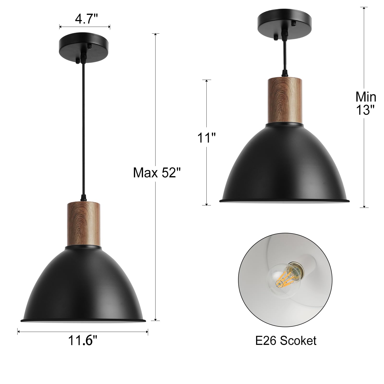 Modern Industrial Pendant Light Fixture, 11.6 Inch Large Adjustable Ceiling Hanging Lamp With Hammered Metal Shade,Black Lantern