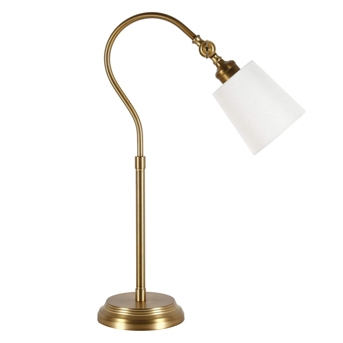 Homeroots Metal Arched Table Lamp, 25 In. With White Drum Shade, Brass Finish
