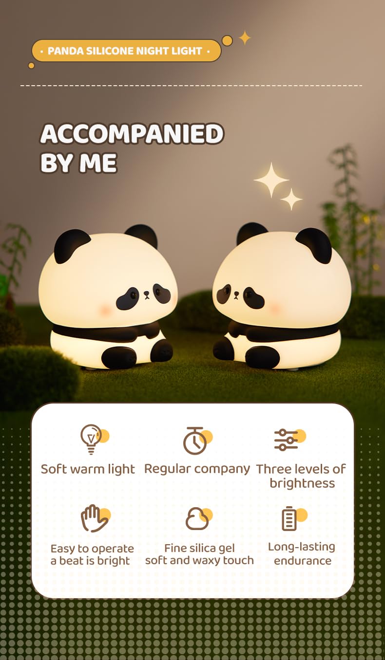 ATSUI Cute Panda Night Light, LED Squishy Novelty Animal Night Lamp, Food Grade Silicone, 3 Level Dimmable Rechargeable Nursery