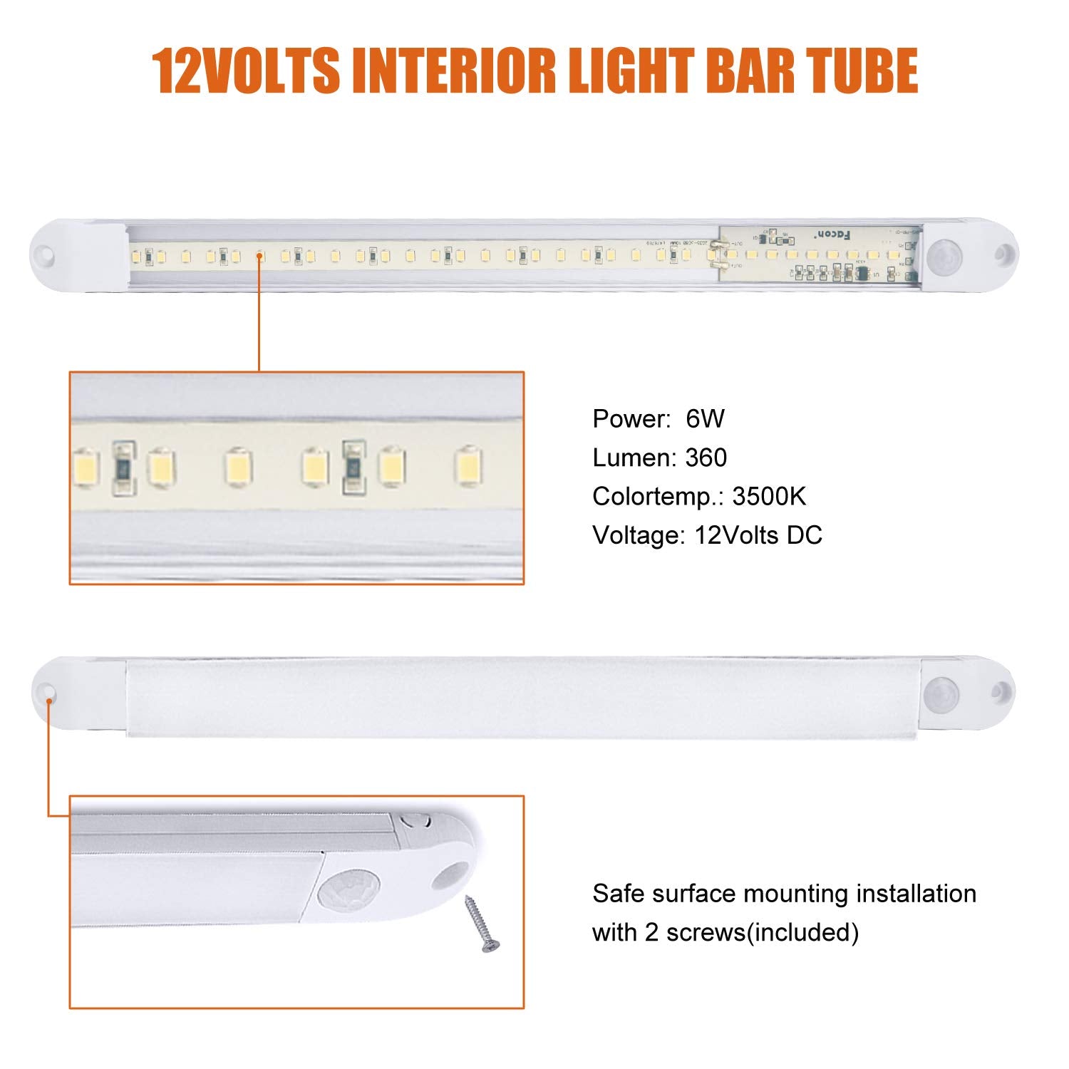 Facon 13Inch Led Rv Interior Light Tube With Pir Motion Sensor Function, 12Volts Led Light Bar Tube For Rv Van Truck Lorry Campe