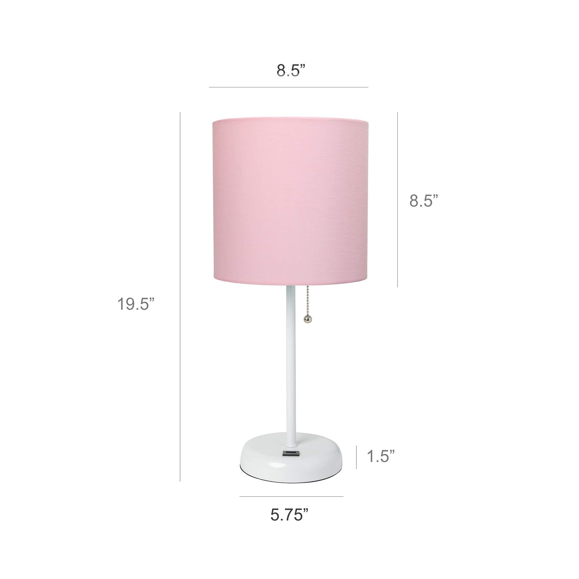 Simple Designs Lt2044-Pow White Stick Table Desk Lamp With Usb Charging Port And Drum Fabric Shade, Light Pink Shade