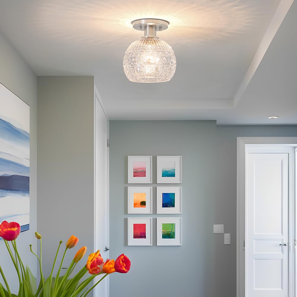 DSMJFU 7.09in Brushed Nickel Semi Flush Mount Ceiling Light - Vintage Globe Design for Hallway, Porch, Bedroom - Model DX23083G1-CL