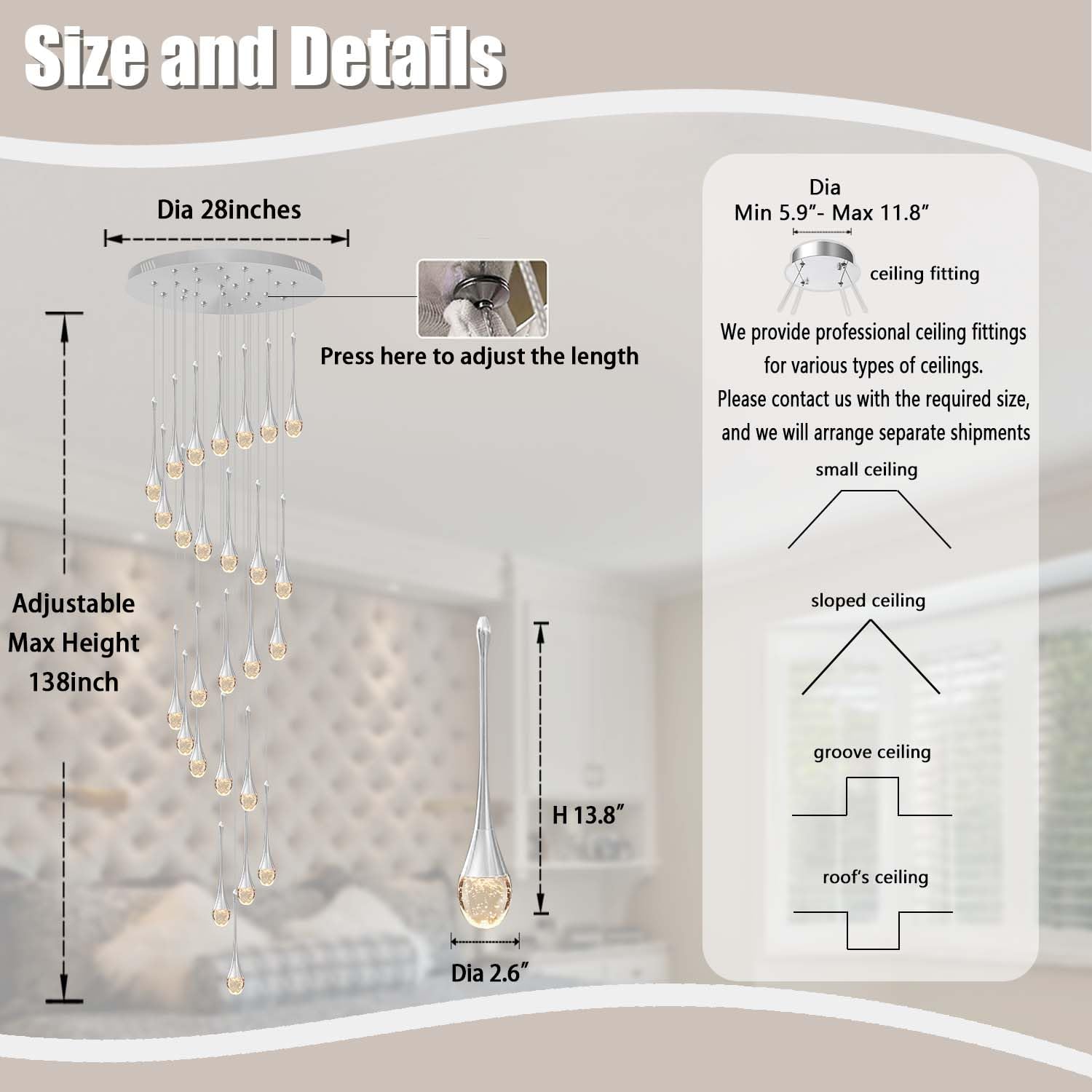 ykolupty Large Crystal Chandelier 138" K9 Raindrop Light 26-Lights Silver Model TP0038-26Y Dimmable 2700-6000K for High Ce