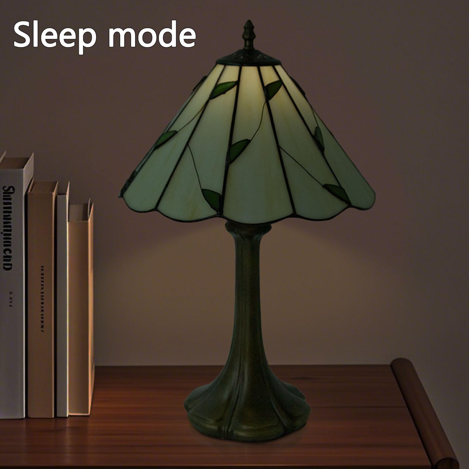 Crefotu 12 Inch Tiffany Table Lamp, Stained Glass, Remote Control, Dimmable, 9W Bulb Included, Umbrella Willow Leaves