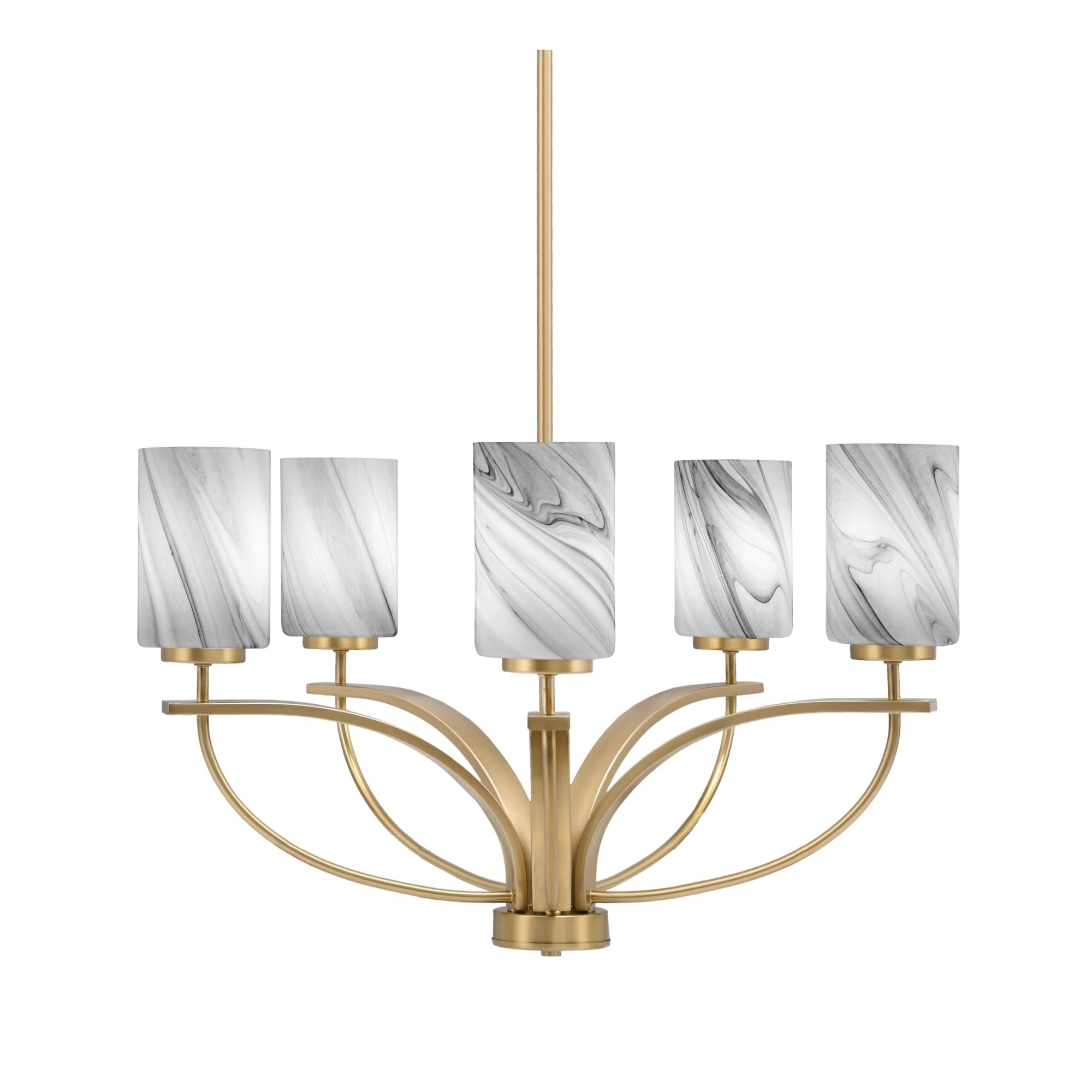 Toltec Lighting Cavella 5 Light, Uplight Chandelier, Hang Straight Swivel, New Age Brass Finish, 4&quot; Onyx Swirl Glass