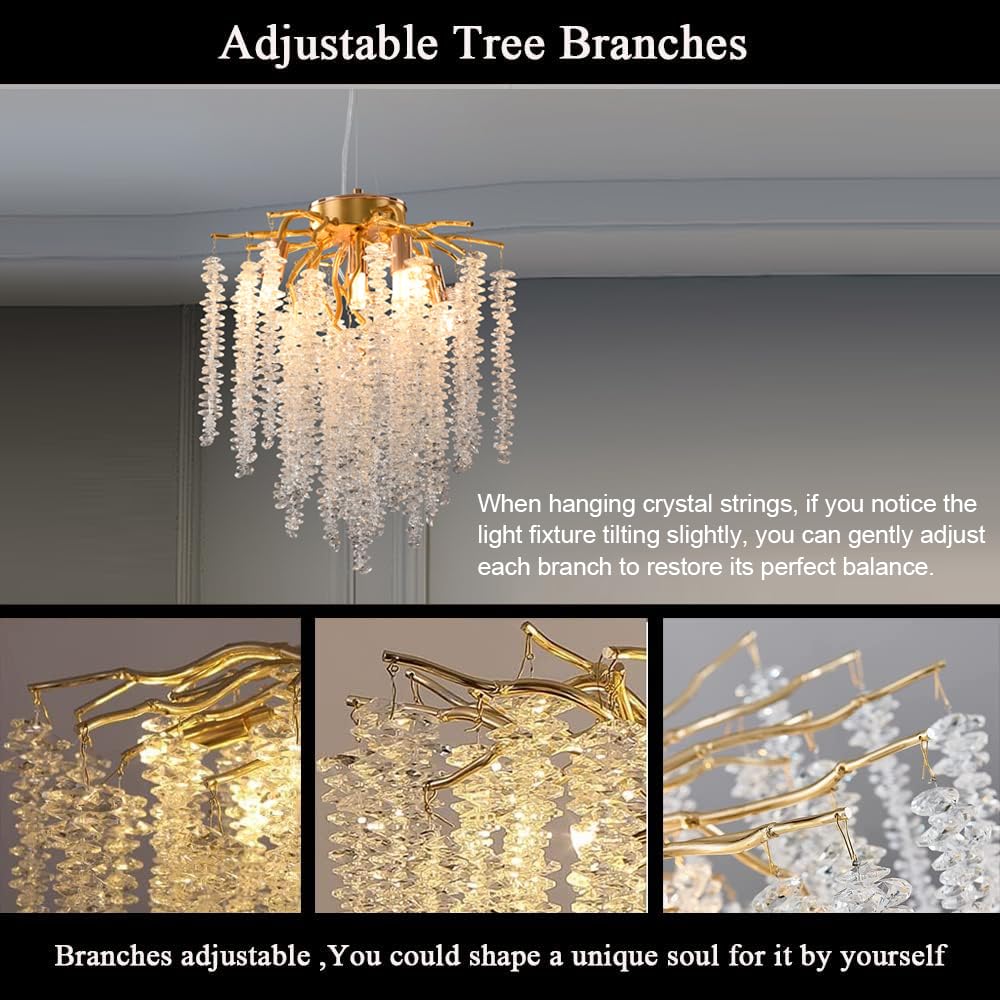 Puvaue Crystal Tree Branch Chandelier, Gold Round Raindrop Pendant Light, Dia 12", for Bedroom, Living Room, Dining Room, Entryway