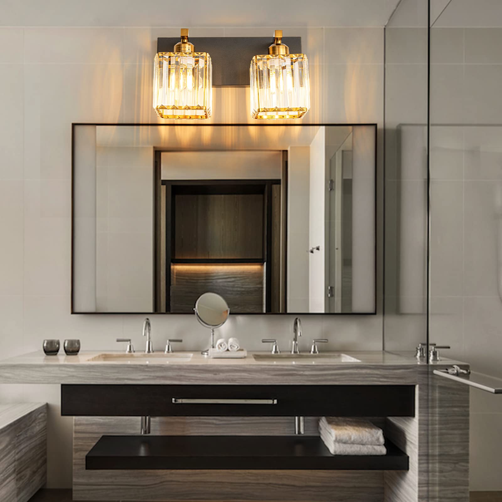 FDPBY 2-Light Bathroom Vanity Light Black Gold Crystal Metal JW-002 Modern Minimalist Design 12.59-Inch
