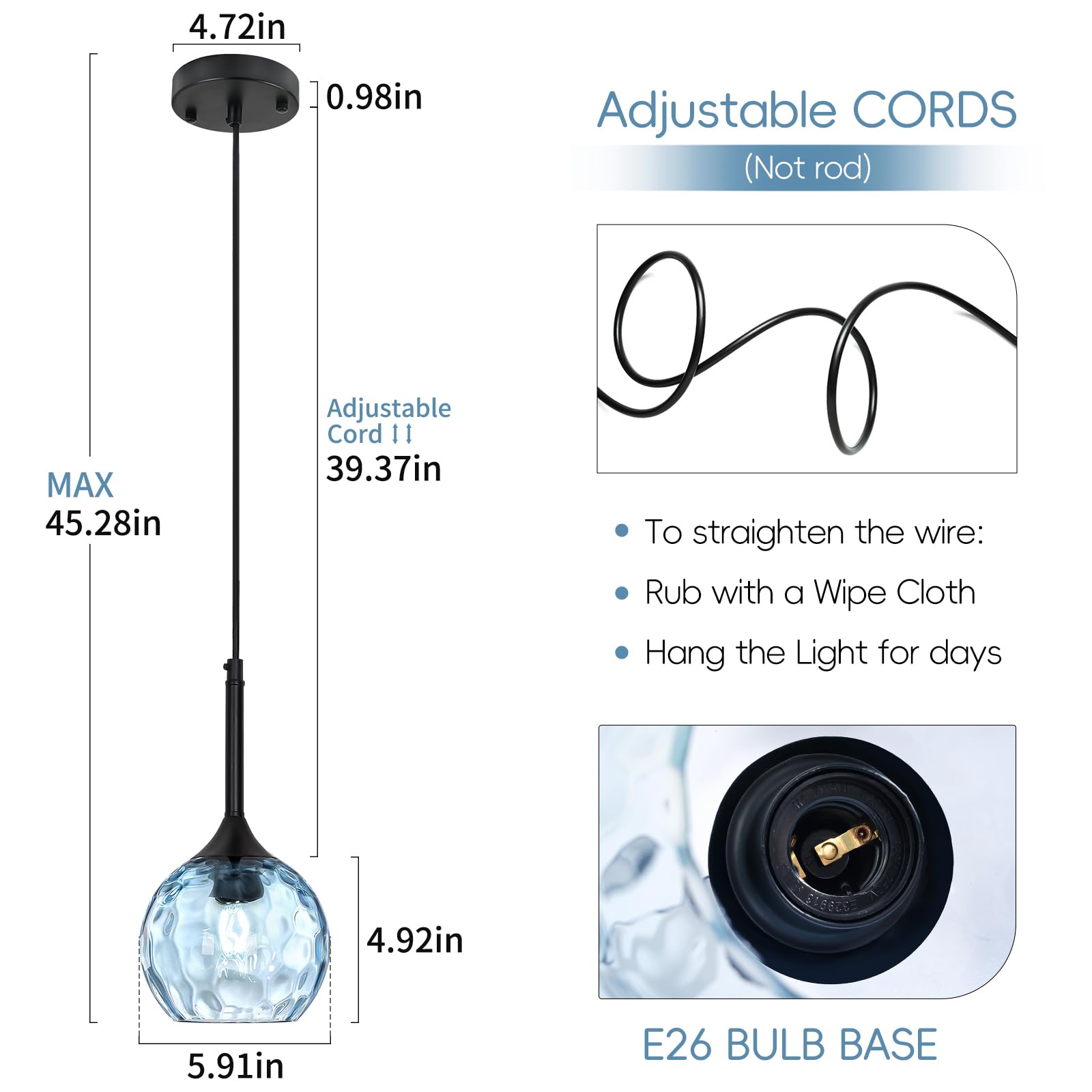 JHLBYL Blue Glass Pendant Light, Modern Hanging Fixture, 1-Light, Metal, EL-HGPL-BL-01