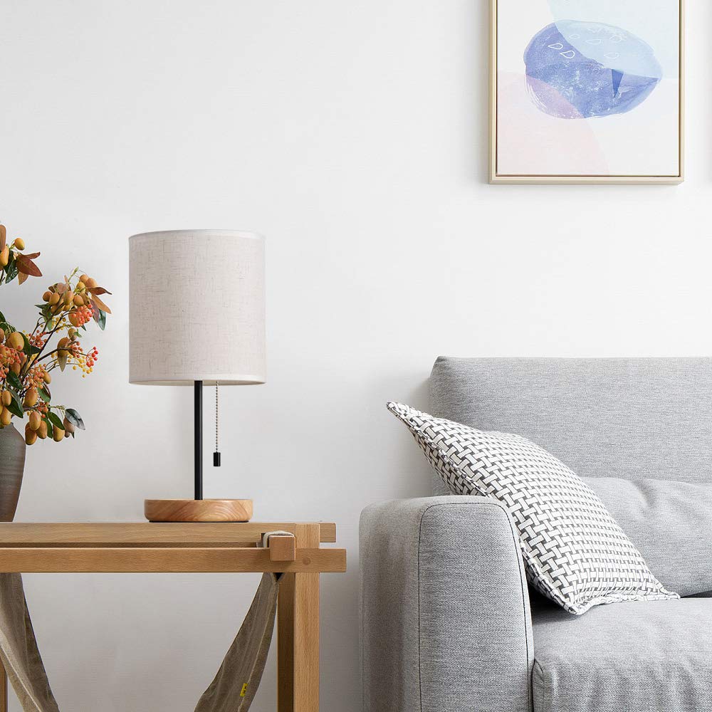 Haitral Modern Bedside Table Lamp With Linen Shade, Wooden Nightstand Lamp For Bedroom, Office