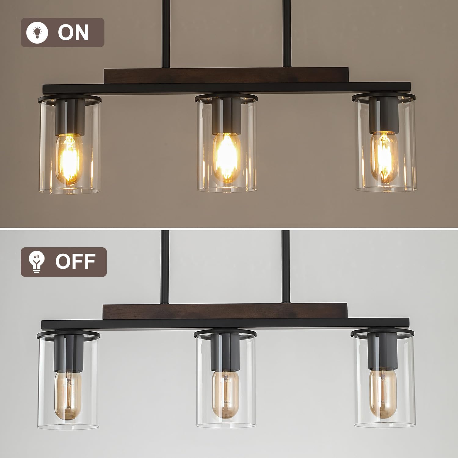 Mecgirn Farmhouse Dining Room Light Fixtures Over Table  Black Pendant Lights For Kitchen Island  3 Light Linear Chandelier Lighting With Wood