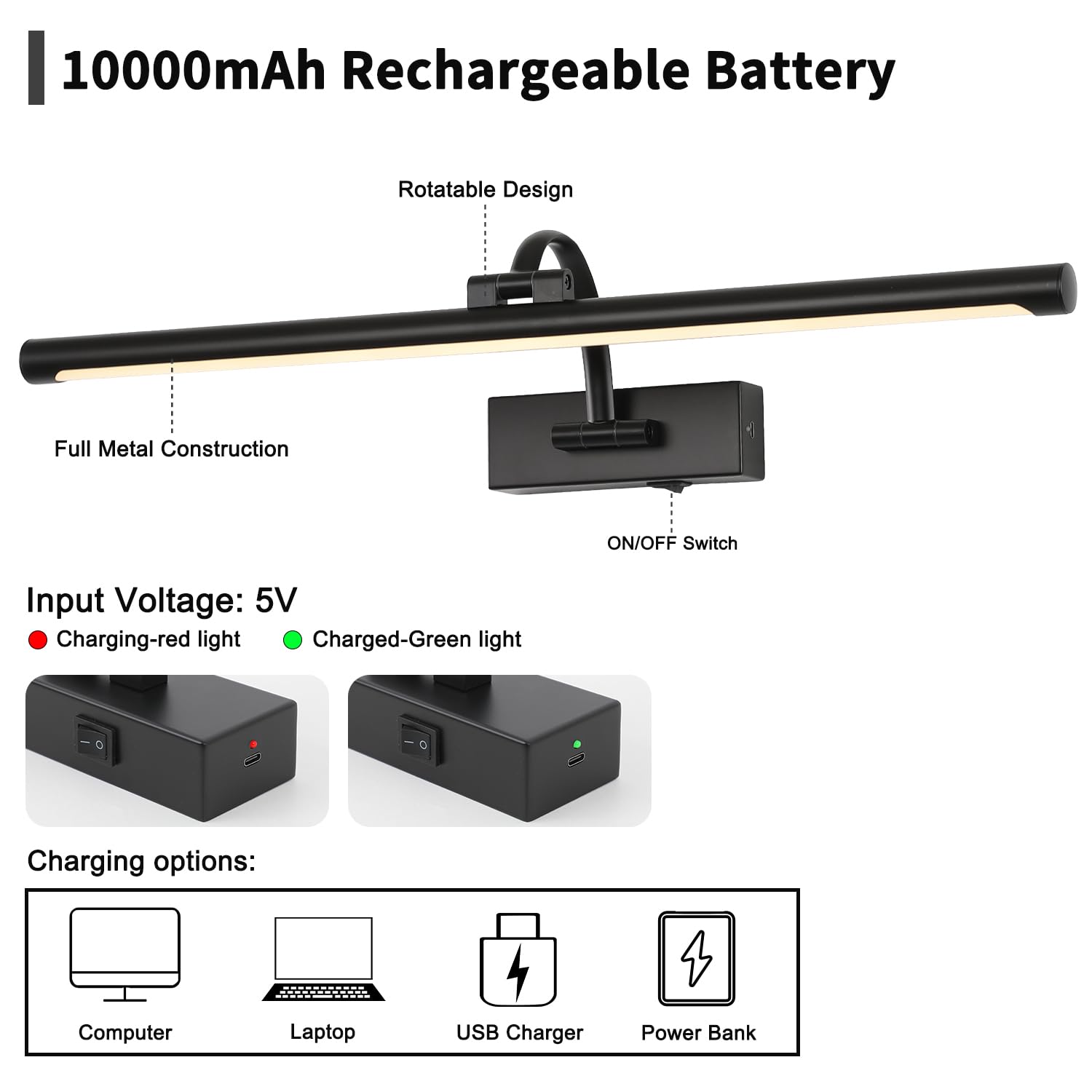 DESOOP Dimmable Picture Light 24 Inch Black with Remote & Timer, 5W Warm White Rechargeable Gallery Lighting