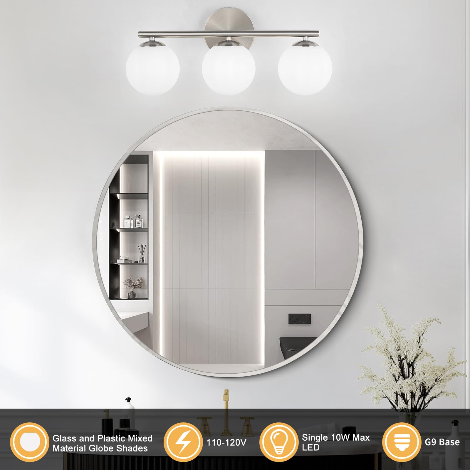 foucasal 3-Light Brushed Nickel Bathroom Vanity Light Fixture - 11.81" Globe Shades, Metal and Plastic, Model ULYQBD47-3C