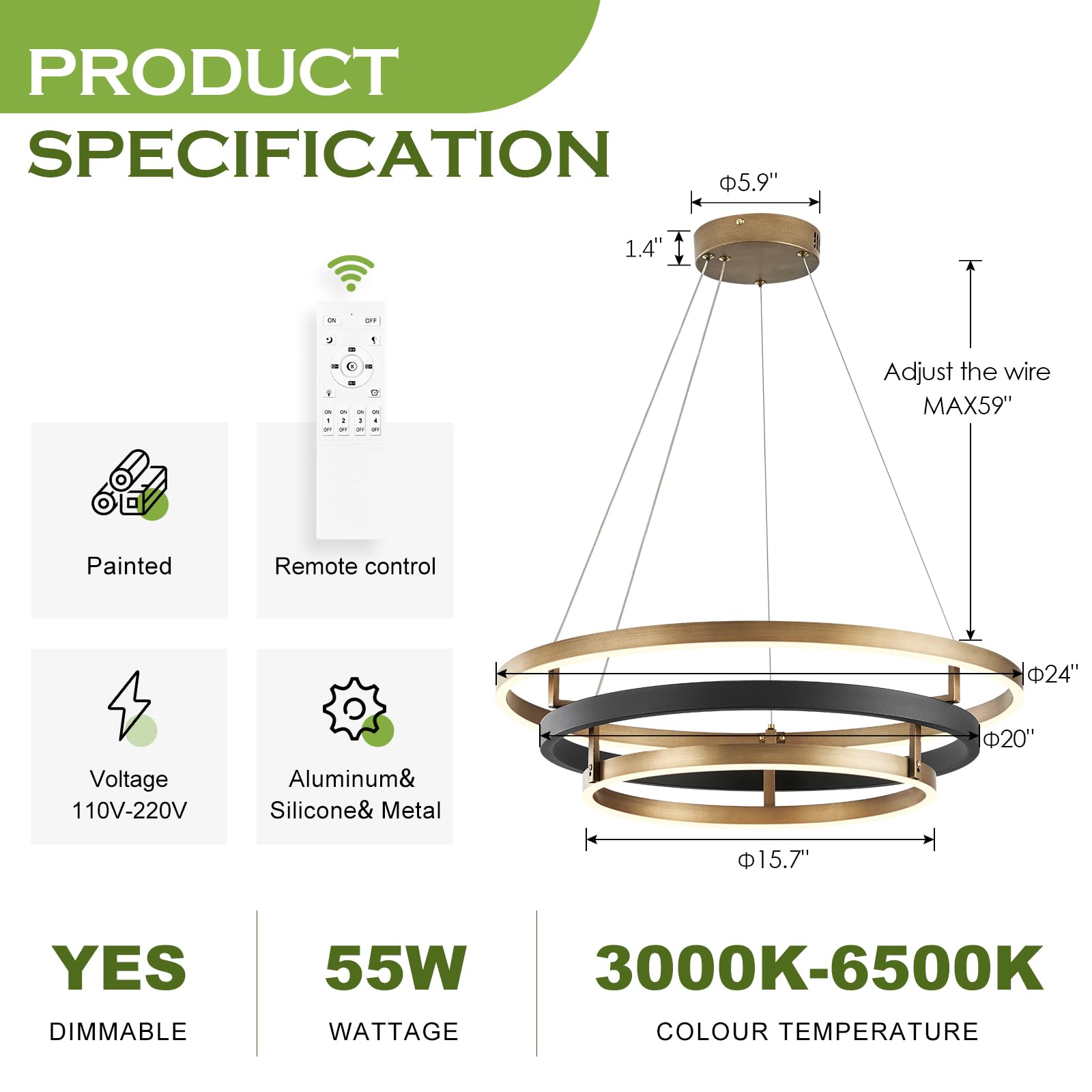 Benkut Modern LED Chandelier, Dimmable 3-Ring Pendant Light, 23.6 in, Black Gold, Remote Control, Ideal for Dining Room & Living Room