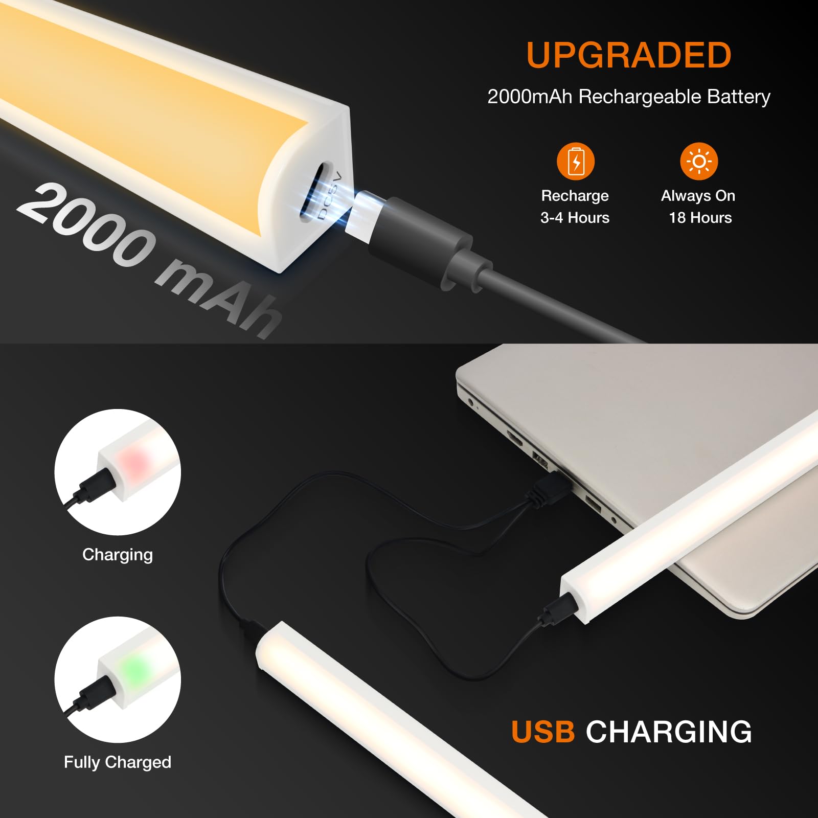 MEKKLEON Under Cabinet Lights, Magnetic Rechargeable Light Bar, 30 CM, White, Model LB55, Wireless for Kitchen and Wardrobe