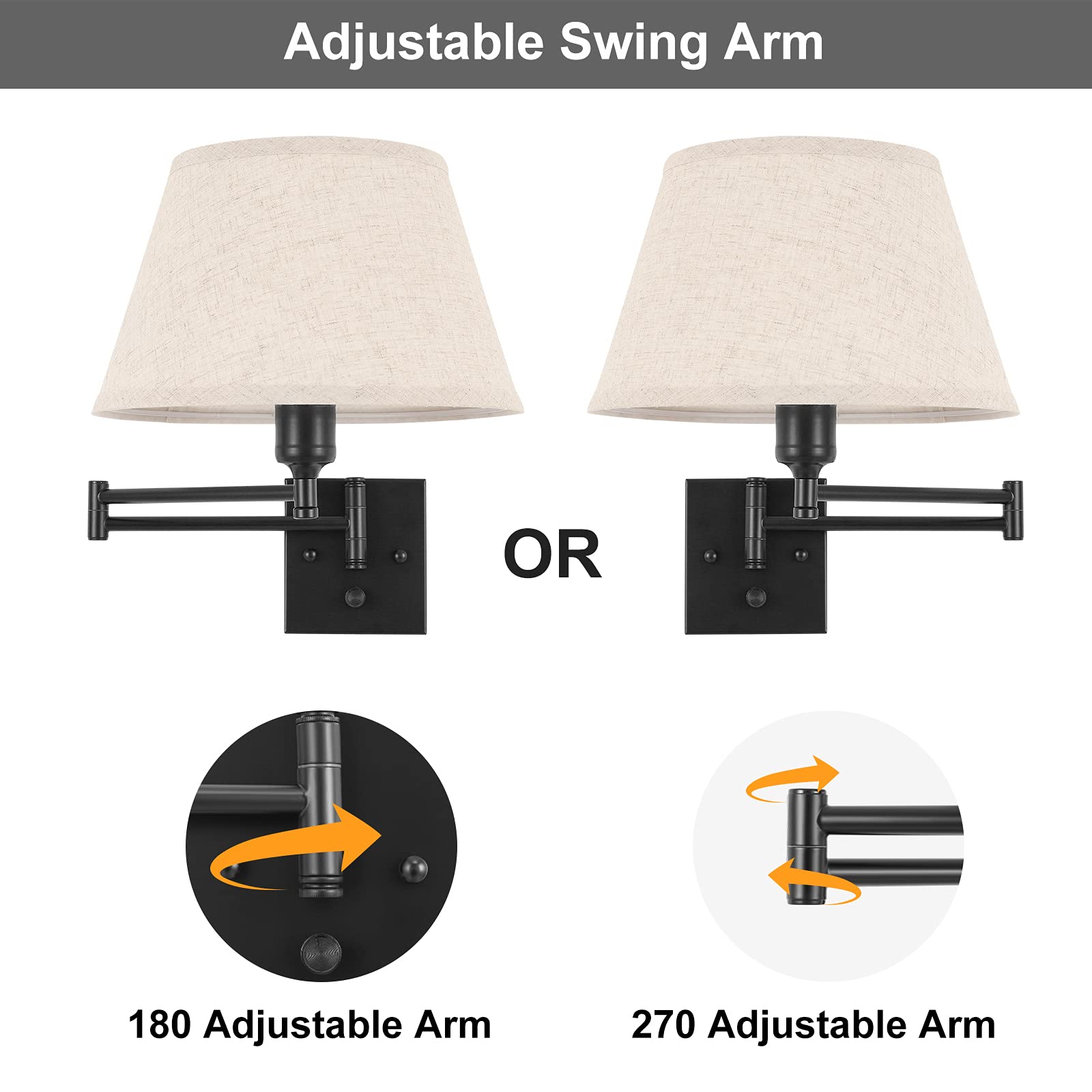 TRLIFE Dimmable Wall Sconce Set of 2, Large Beige Fabric Shade, Swing Arm, Metal, Model BYsconce-L-Bei, Includes 2 Bulbs