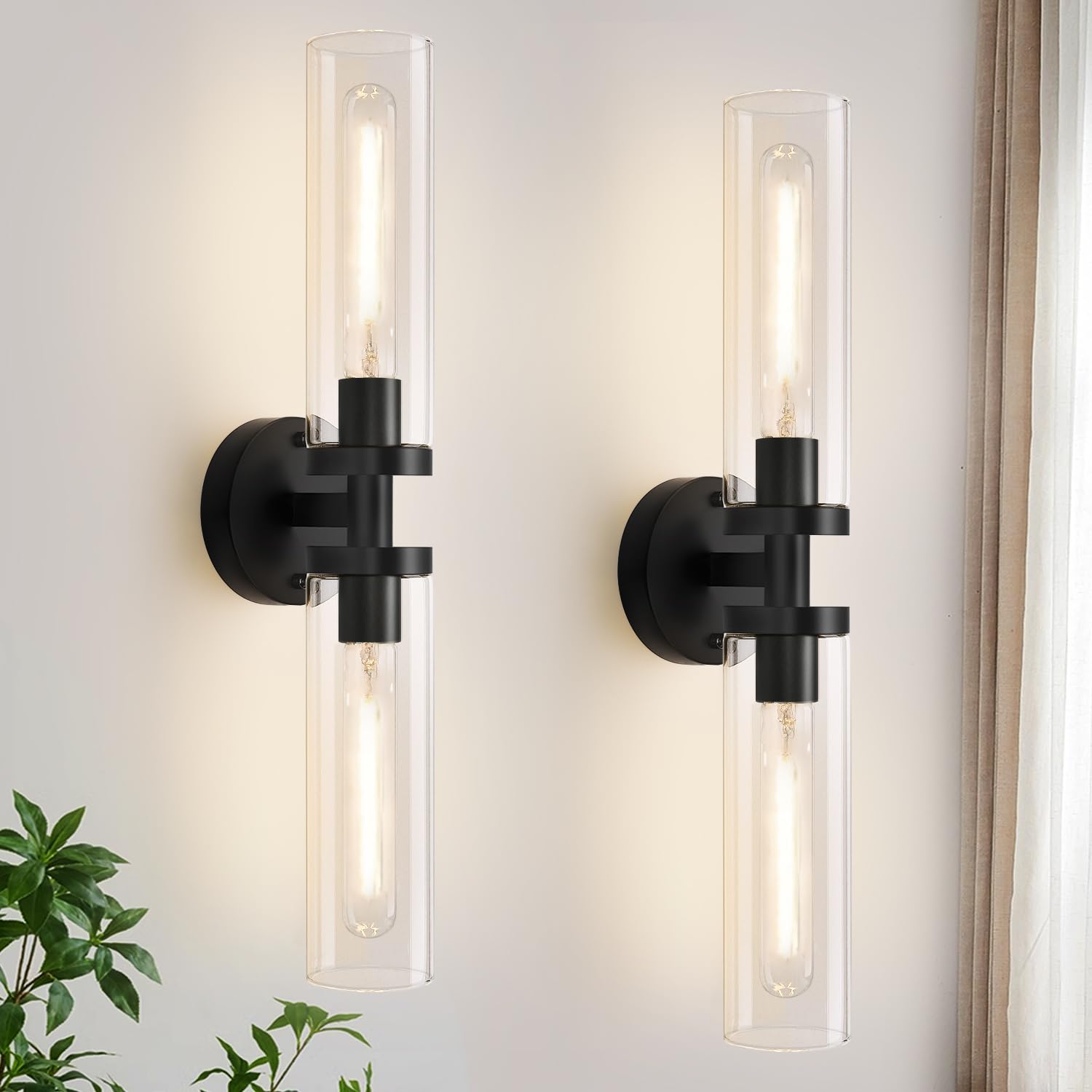 Wall Sconces Set Of Two, Hardwired Matte Black Bathroom Sconces Wall Lighting With Clear Glass, Modern Sconces Wall Decor Set Of