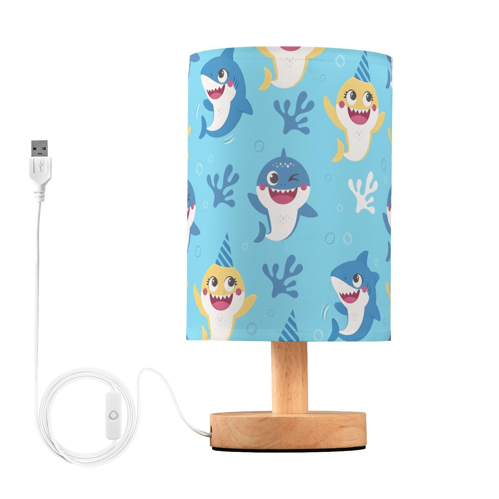 BOENLE Bedside Lamp Cute Shark Table Lamp for Bedroom LED Nightstand Lamp Shade USB Ports Wood Base for Living Room Dorm Office
