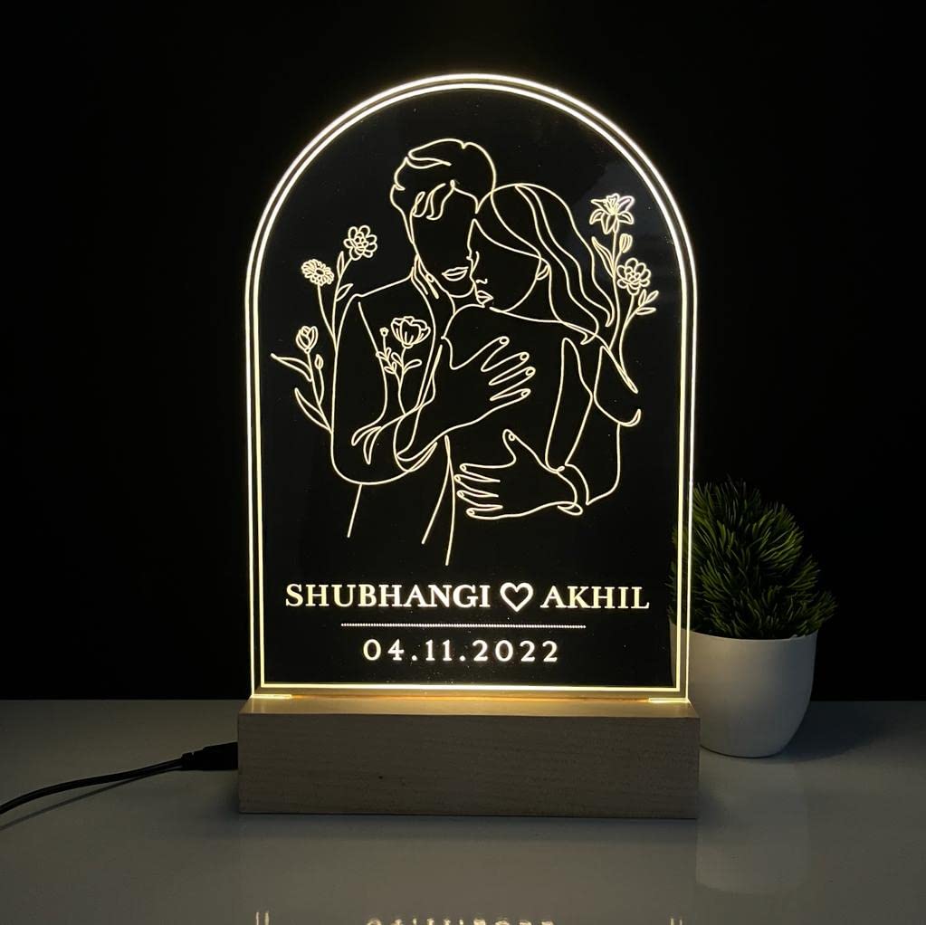 WOWOOD Customized Valentine Gift For Couple Wedding Gift LED Lamp Love Night Light Showpiece (Couple Art, Wood, Warm White, Pack