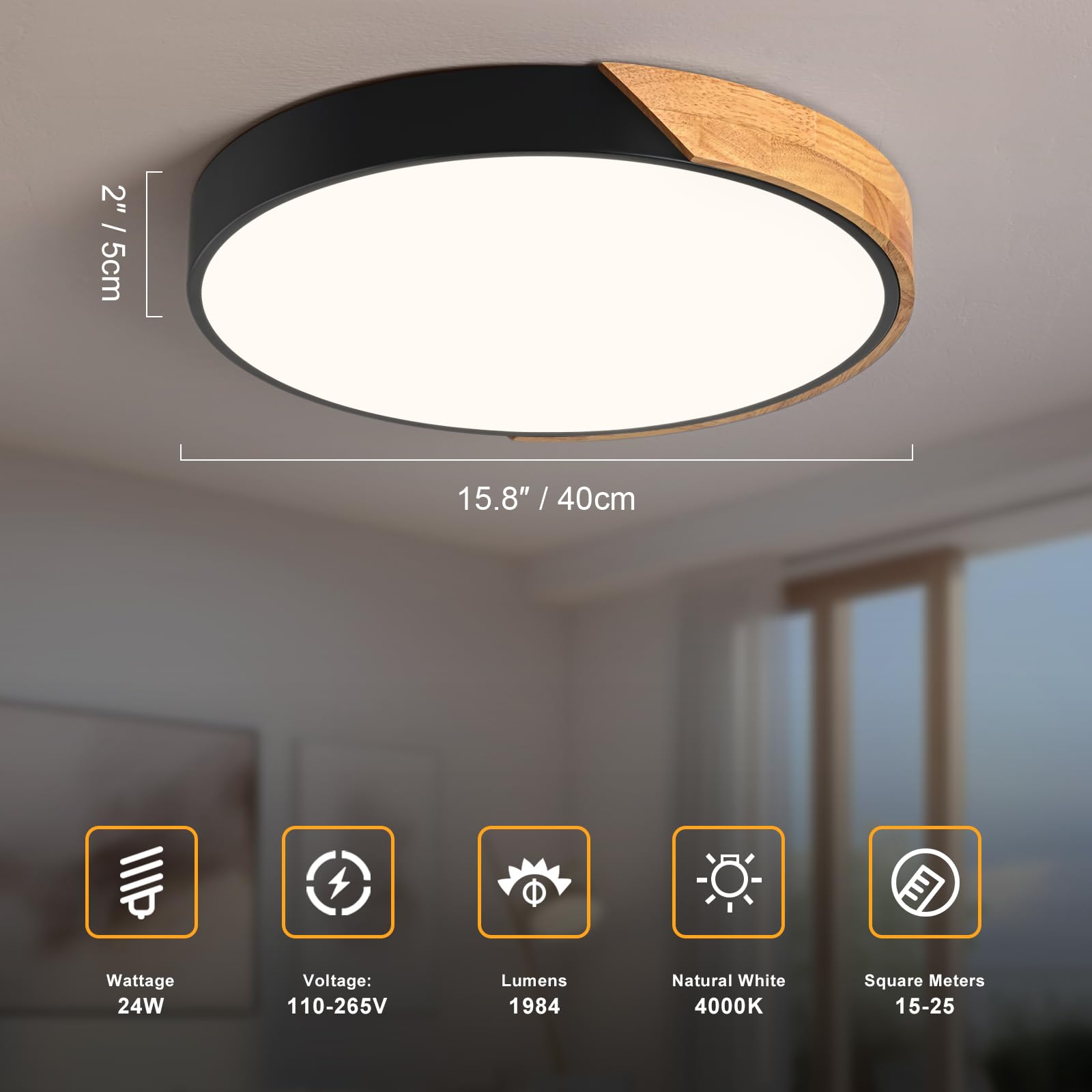 Vikaey Modern LED Ceiling Light Fixture, 15.8in Black Metal Circular Design, Not Dimmable, Acrylic Lampshade