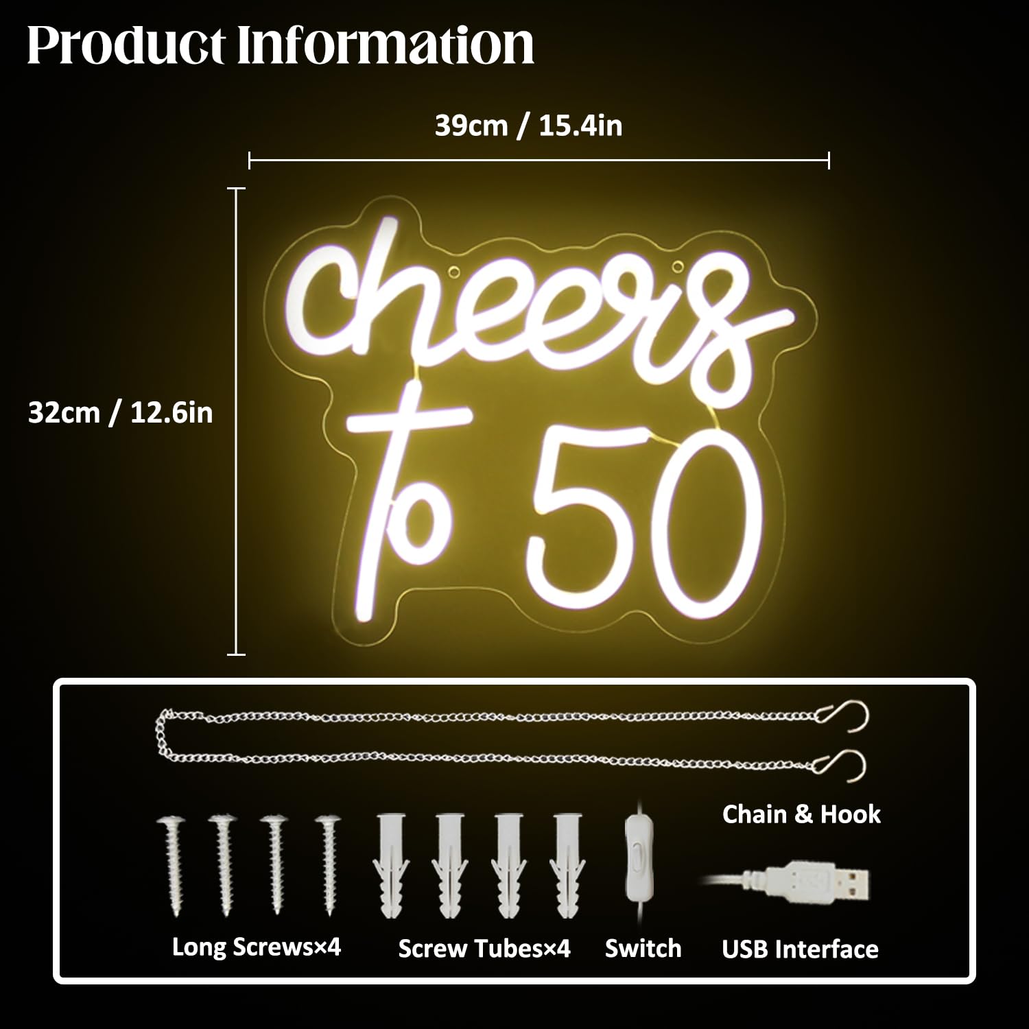 CKTBLEY Neon Sign - Cheers to 50 Years - Warm White LED Acrylic Wall Decor for Birthday, Wedding, Party, Bar