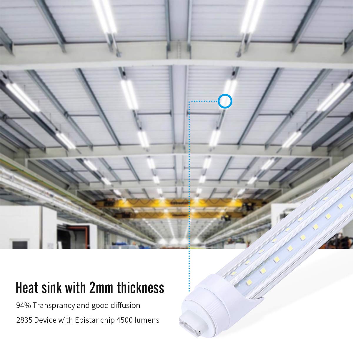25Pack 8Ft R17D V Shaped Led Light Tube Bulb 65W Rotatable Ho Base 2Row,Need Bypass Ballast,Replace 150W Fluorescent Shop Lights