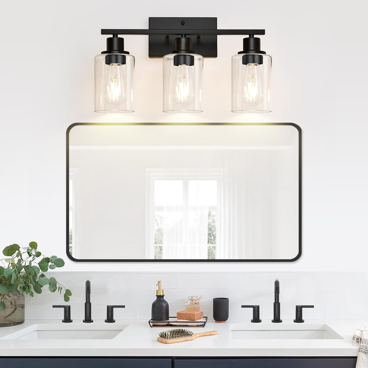 Indoi 3-Light Bathroom Light Fixtures, Matte Black Metal Vanity Lights with Clear Glass Shade, Model YX-032H