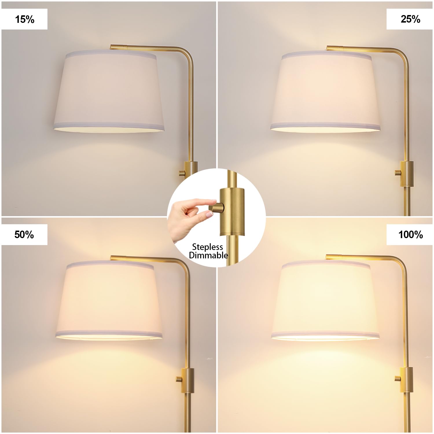 Nintiue Dimmable Floor Lamp, 1000 Lumens LED, Arc Design, Gold-Linen Shade, Model FL16886, Modern Standing Lamp for Living Room and Office