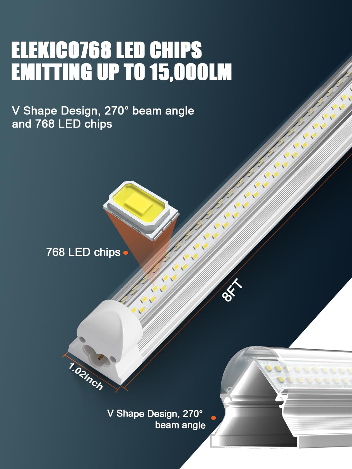 Elekico 6 Pack 100W 8Ft Led Shop Light, Super Bright 15000Lm 5000K V Shape 8' Led Shop Lights, Linkable 8 Foot Led Shop Lights For Garage Warehouse, Supermarket, Basement, Barn, Storage Area