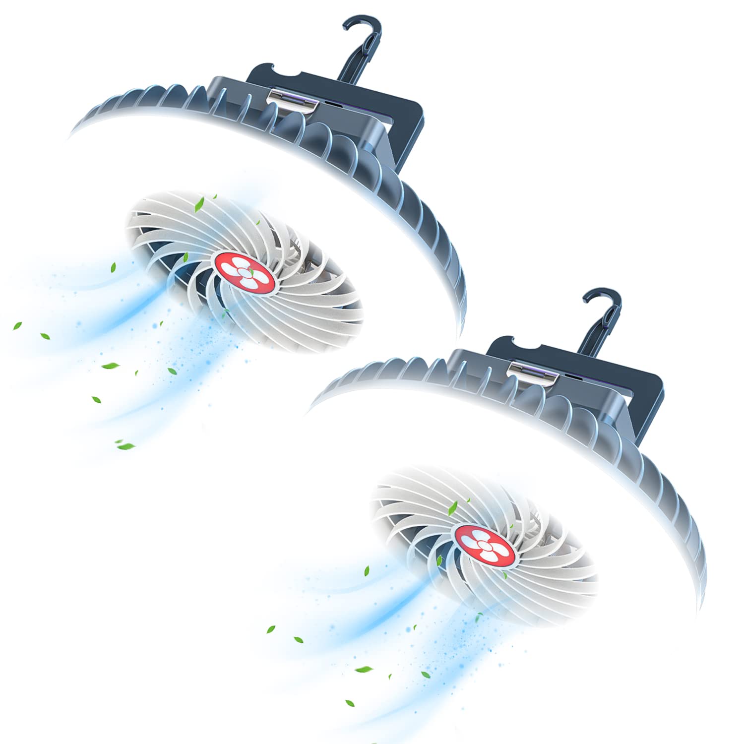 XTAUTO Portable Camping Fan with LED Lantern, USB Rechargeable, Waterproof, Model XT00557x2, White, 2-Pack