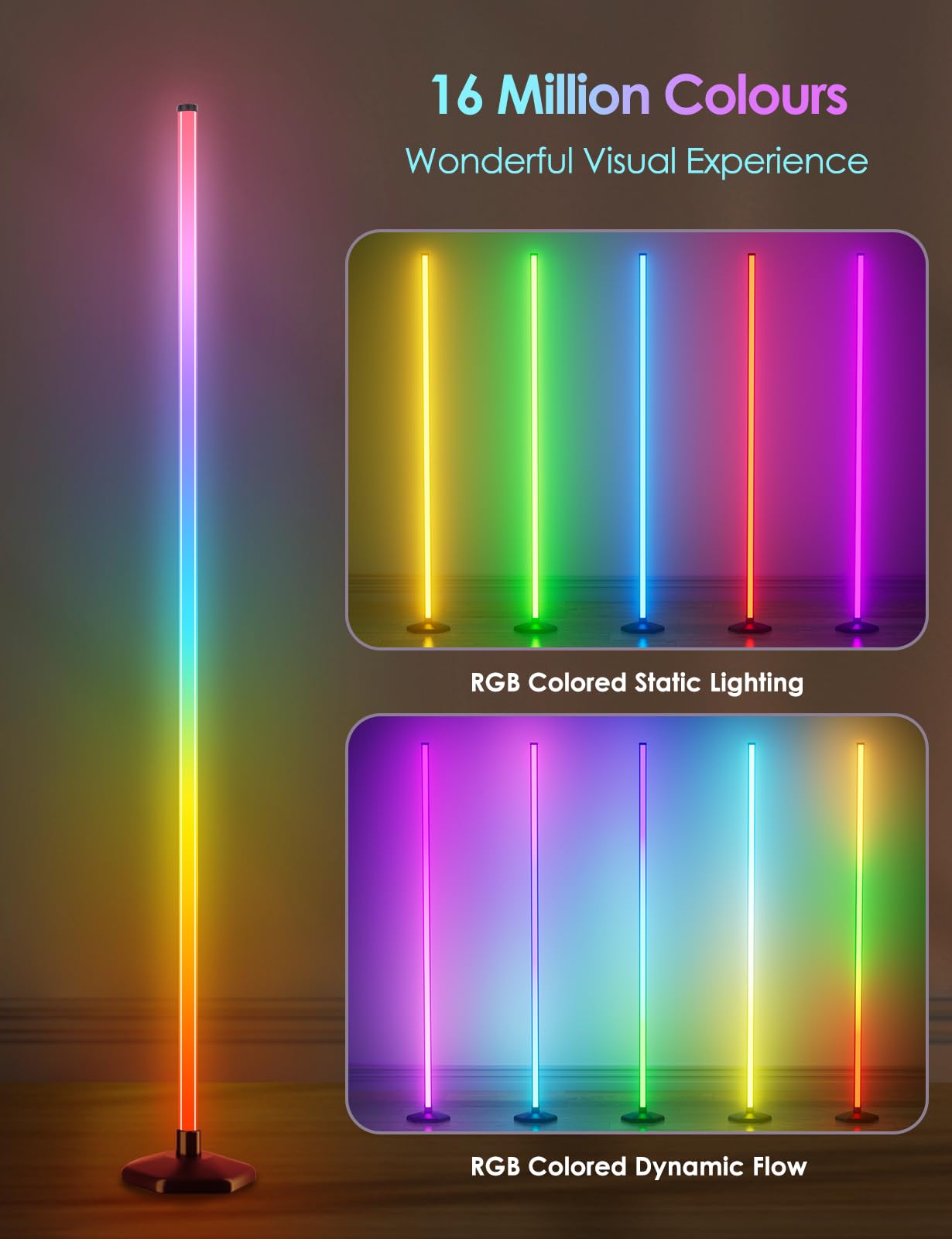 Yikbik Rgb Corner Floor Lamp, 65'' Color Changing Led Floor Lamp Bluetooth App Remote Control Music Sync Modern Standing Lamp 16