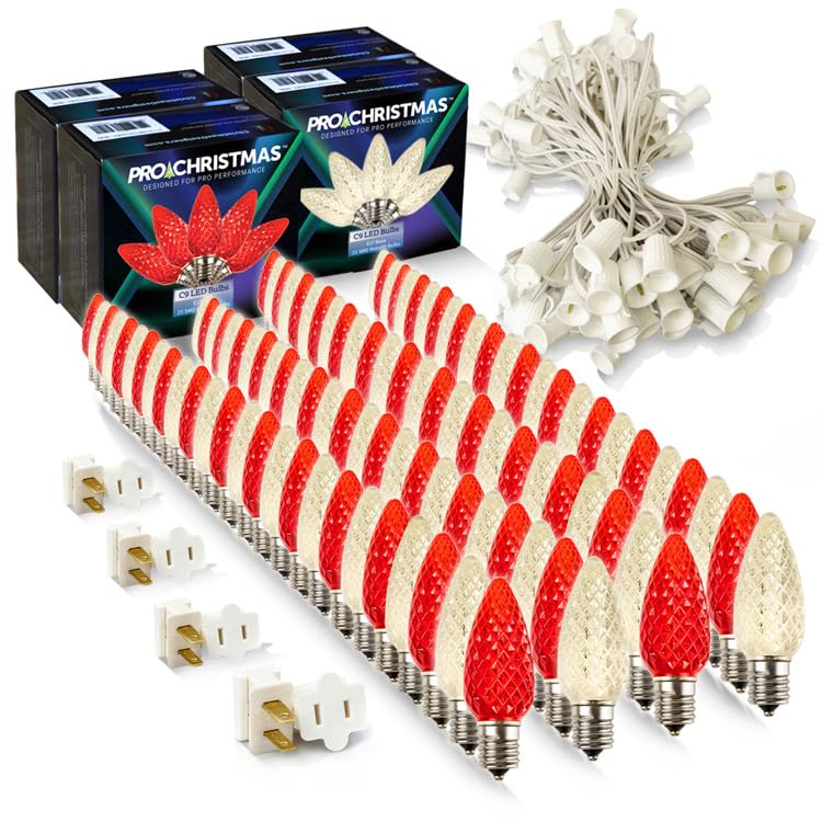 Pro Christmas C9 LED Christmas Light Kit for Rooflines & Pathways - DIY Cut to Length  Outdoor Commercial Grade (White Wire w/Vampire Plugs  100 Bulbs  100 ft) Warm White and Red