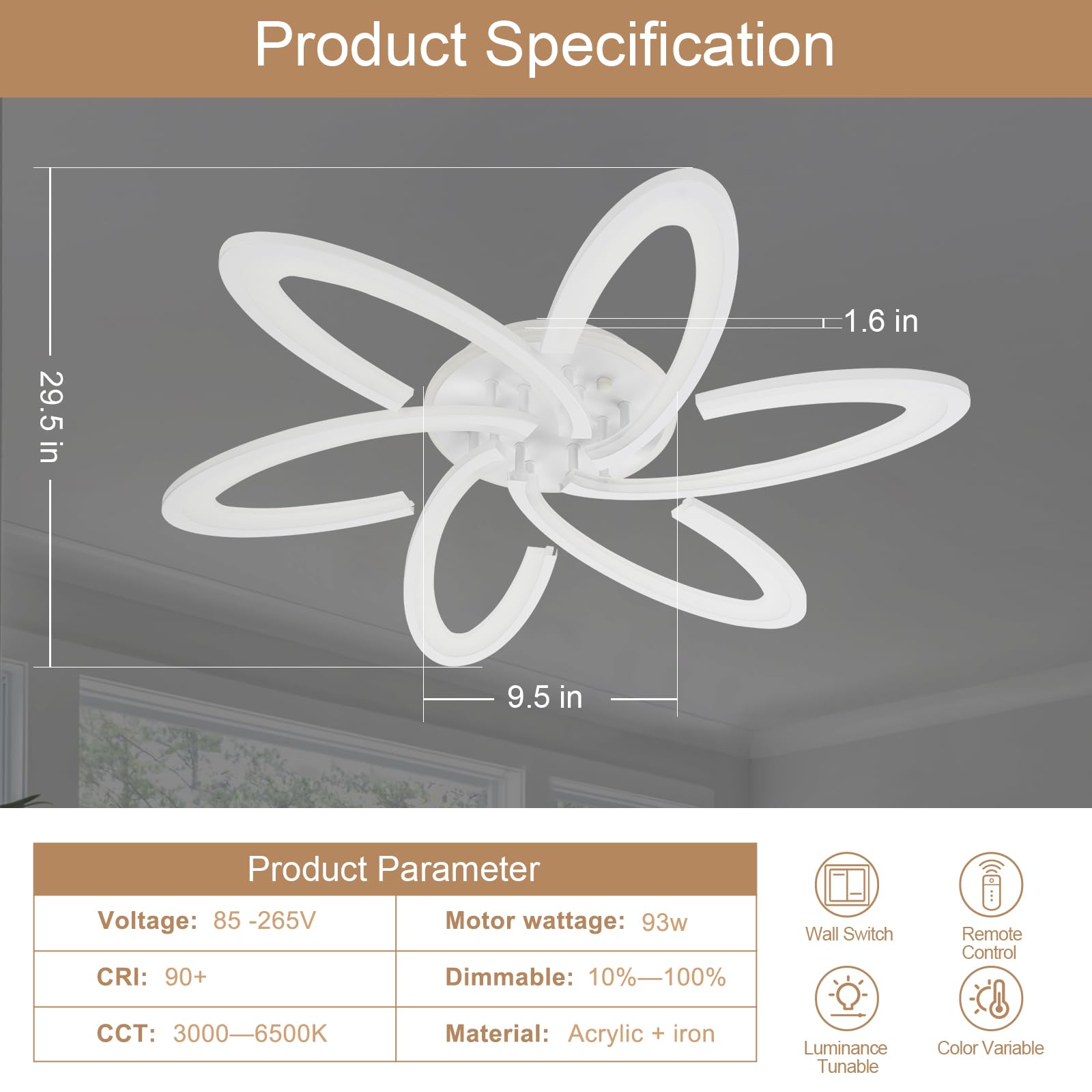 Seable Modern Led Light, 6+1 Rings 93W Dimmable Fixture 29.5'' 3000K-6500K Flush Mount White Flower Ceiling Lamp With Remote For