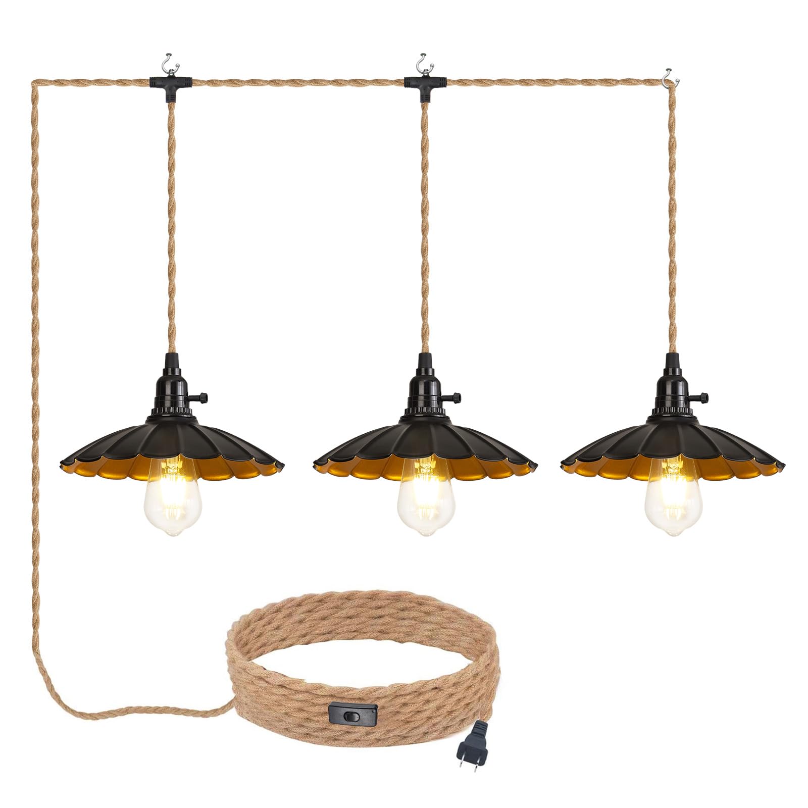 ALAISLYC 3-Light Plug in Pendant Light Fixtures Chandelier with Switch 22FT Industrial Ceiling Hanging Lamp Cord Farmhouse Cable