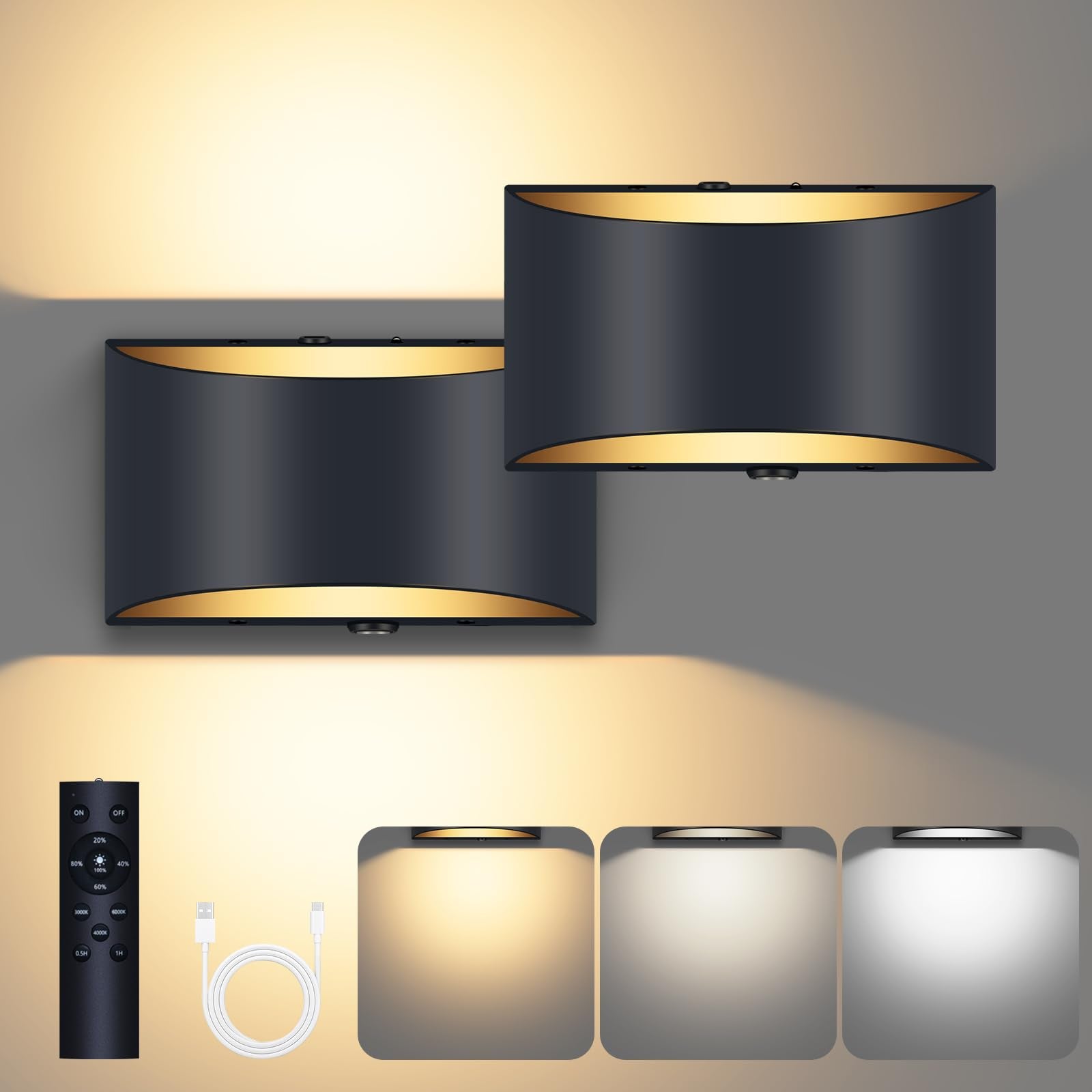 Aiilsmp Battery Operated Wall Sconces, 8000mAh Rechargeable, Remote & Touch Control, 2 Pack, Black, Model AW009B