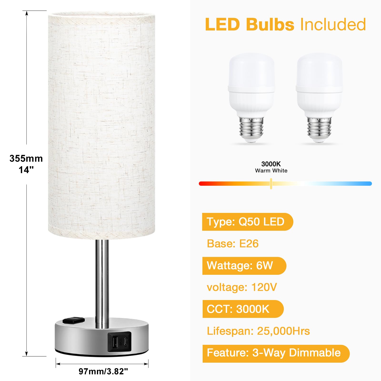 Light Beige Touch Nightstand Lamps - 3 Way Dimmable Bedside Table Lamps Set Of 2 For Bedroom With Usb C And A Ports, Small Desk