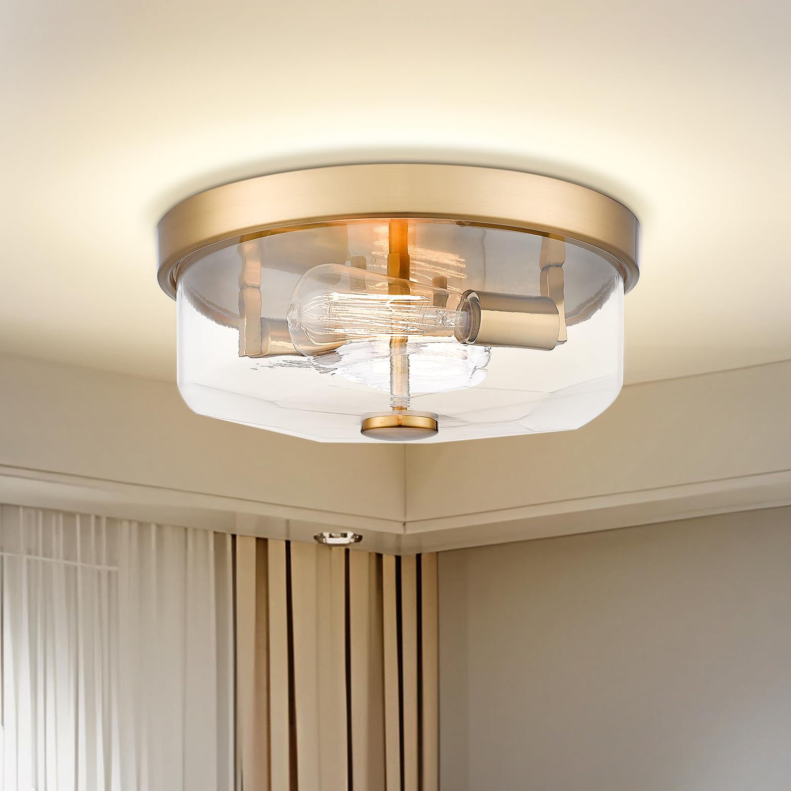 Luminzone 3-Light Flush Mount Ceiling Light, Brushed Gold, Clear Glass, Model 7J10F-L BG-A, Modern Farmhouse Design for Kitchen/Entryway