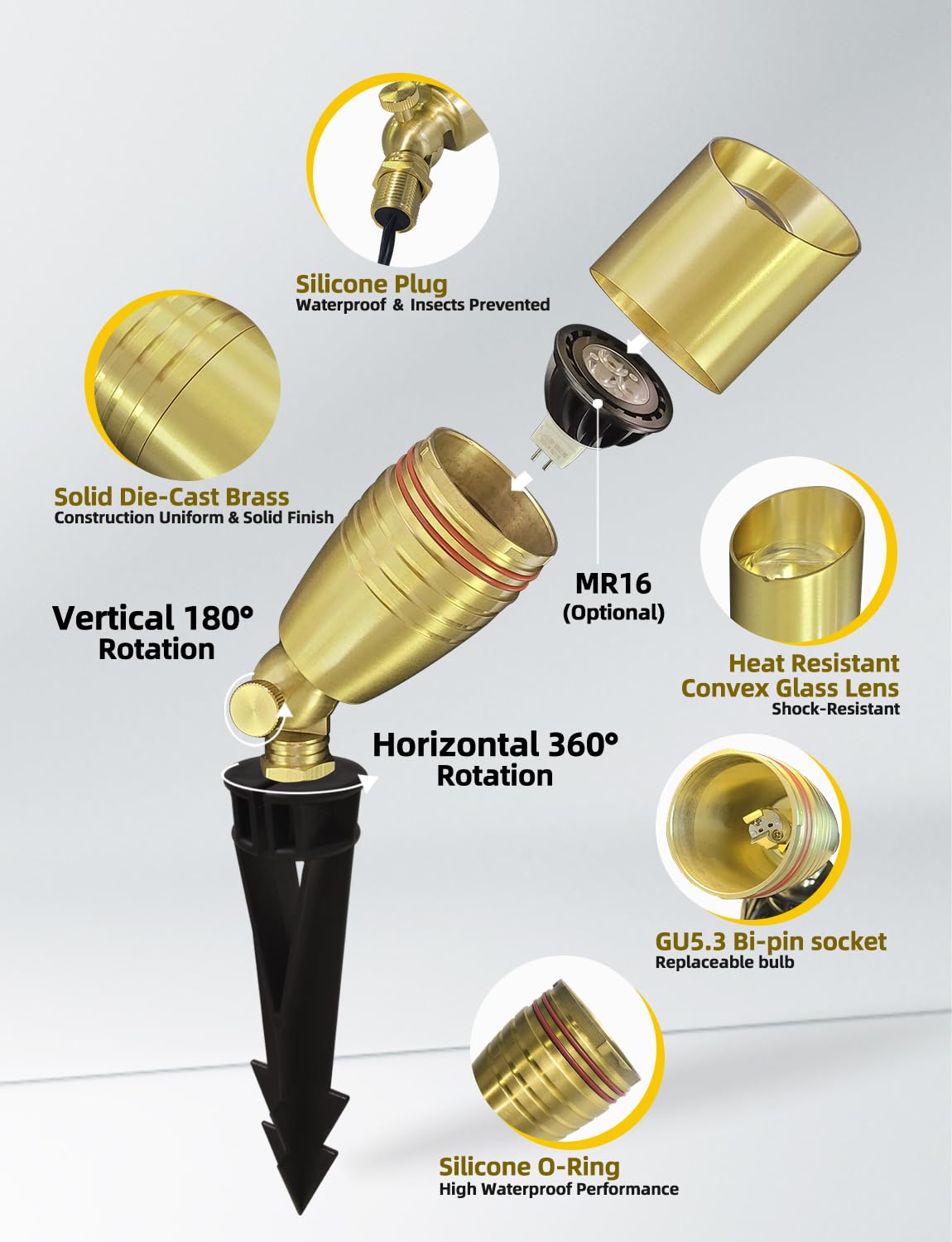 Coloer Die-Cast Brass Landscape Spotlight 10-Pack Without Bulb,12V Ac/Dc Low Voltage Copper Outdoor Lighting With Ground Stake, Directional Garden Patio Spot Up Light (102B Brass Finish)